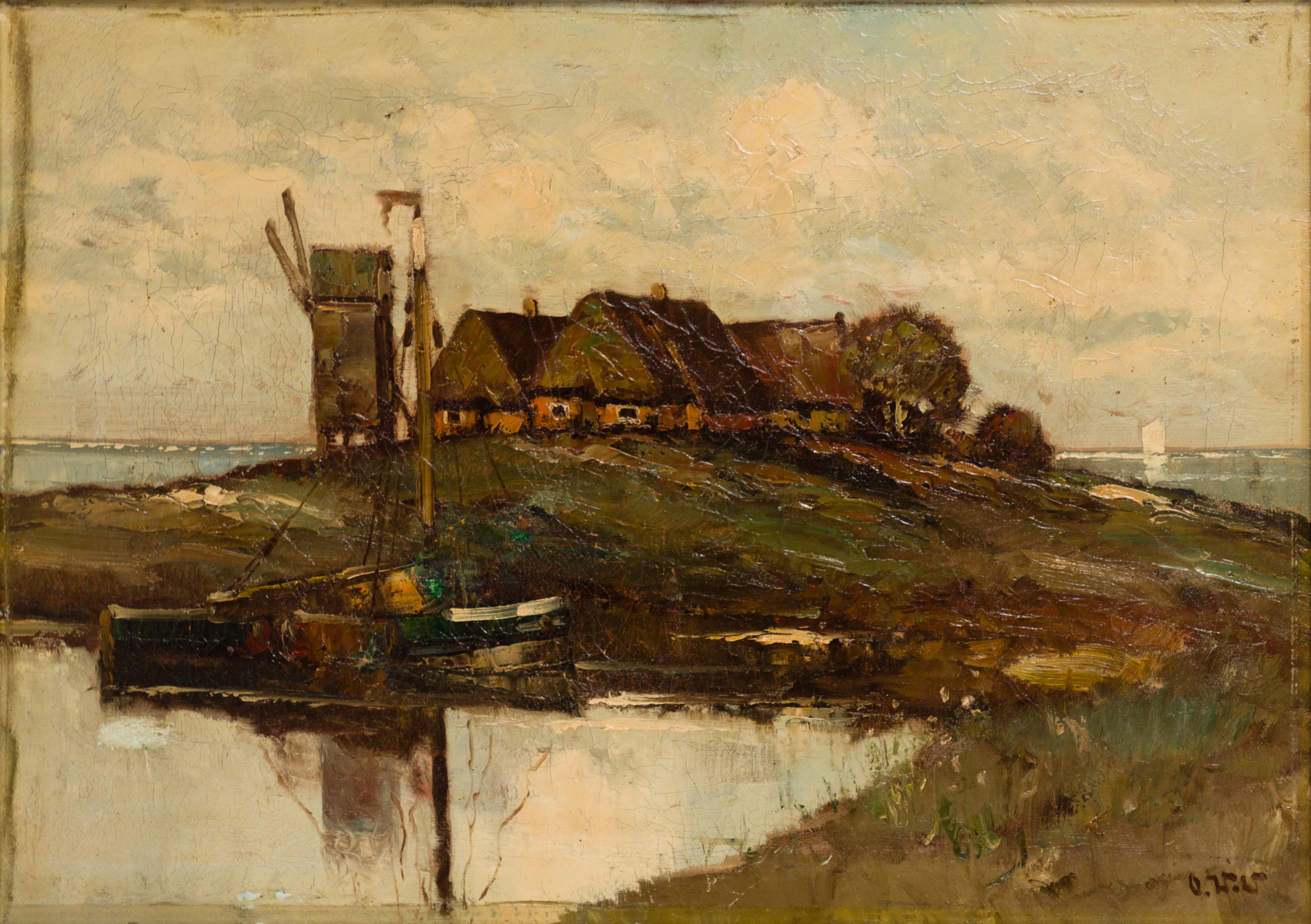 OTTO WILD (1898-1971). Ketelswarf auf Hallig Langeneß mit Blockmühle.