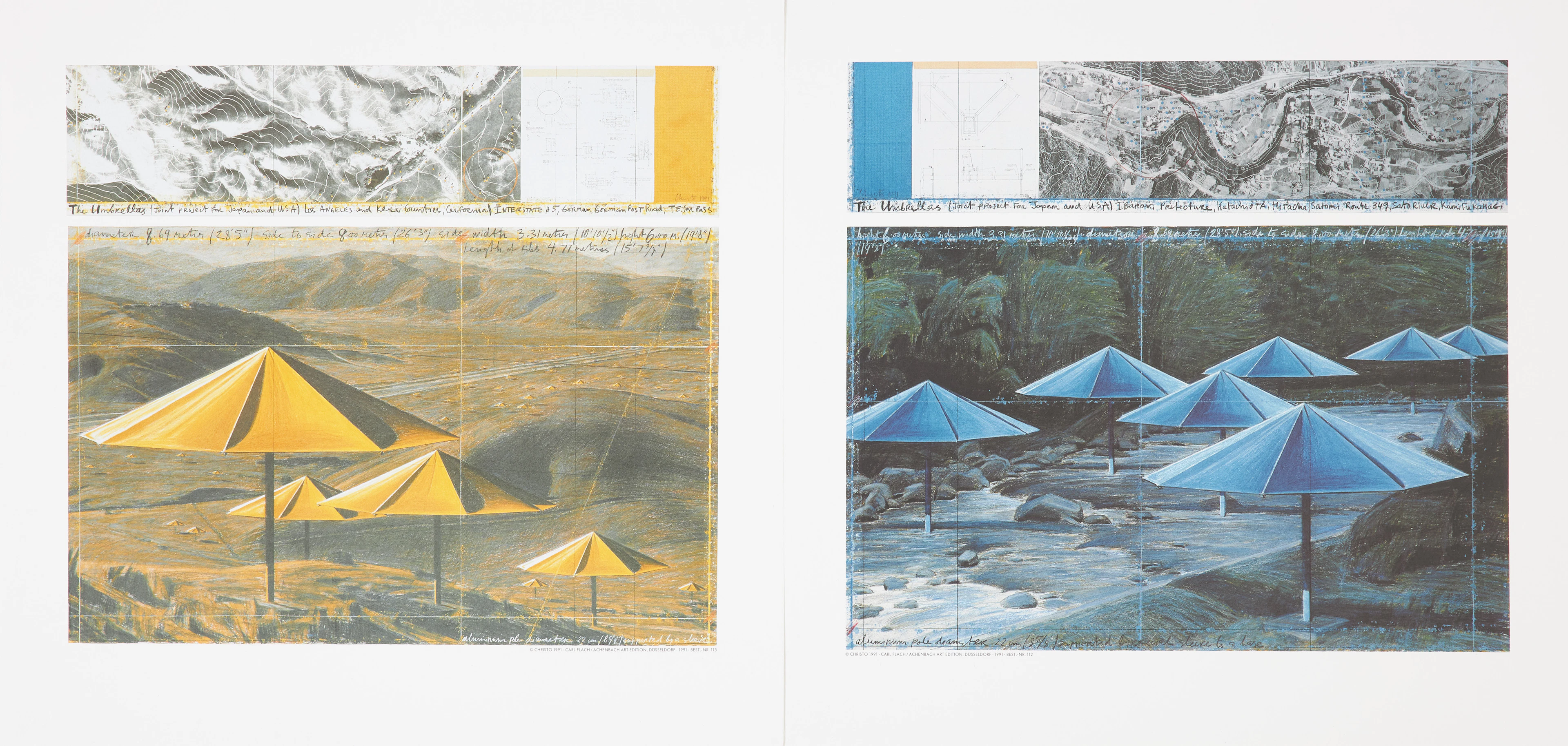 CHRISTO & JEANNE-CLAUDE. Umbrellas Yellow & Blue, 2 st, 1991, litografi