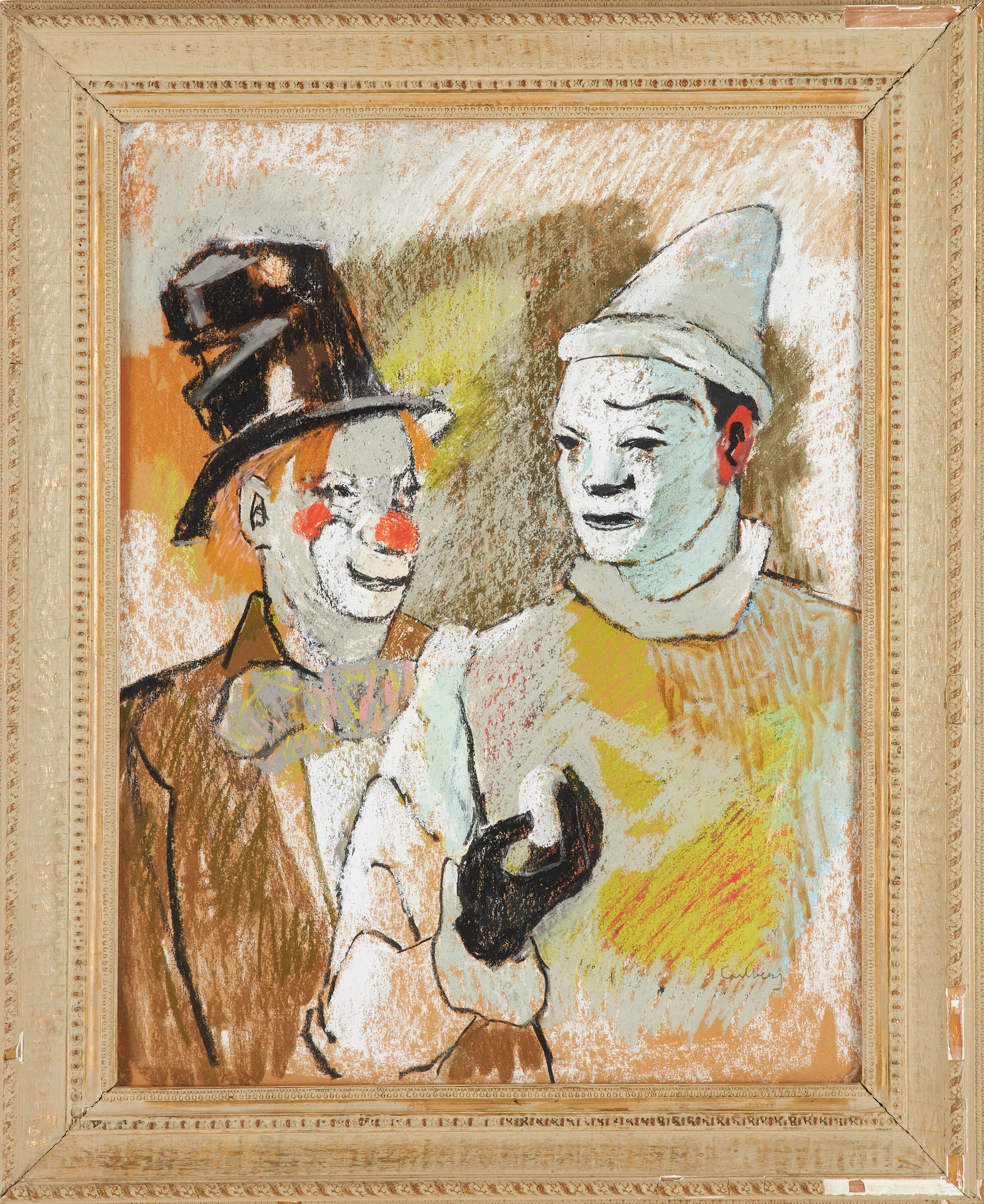 BENGT CARLBERG. Clowner, pastell på papper, signerad.