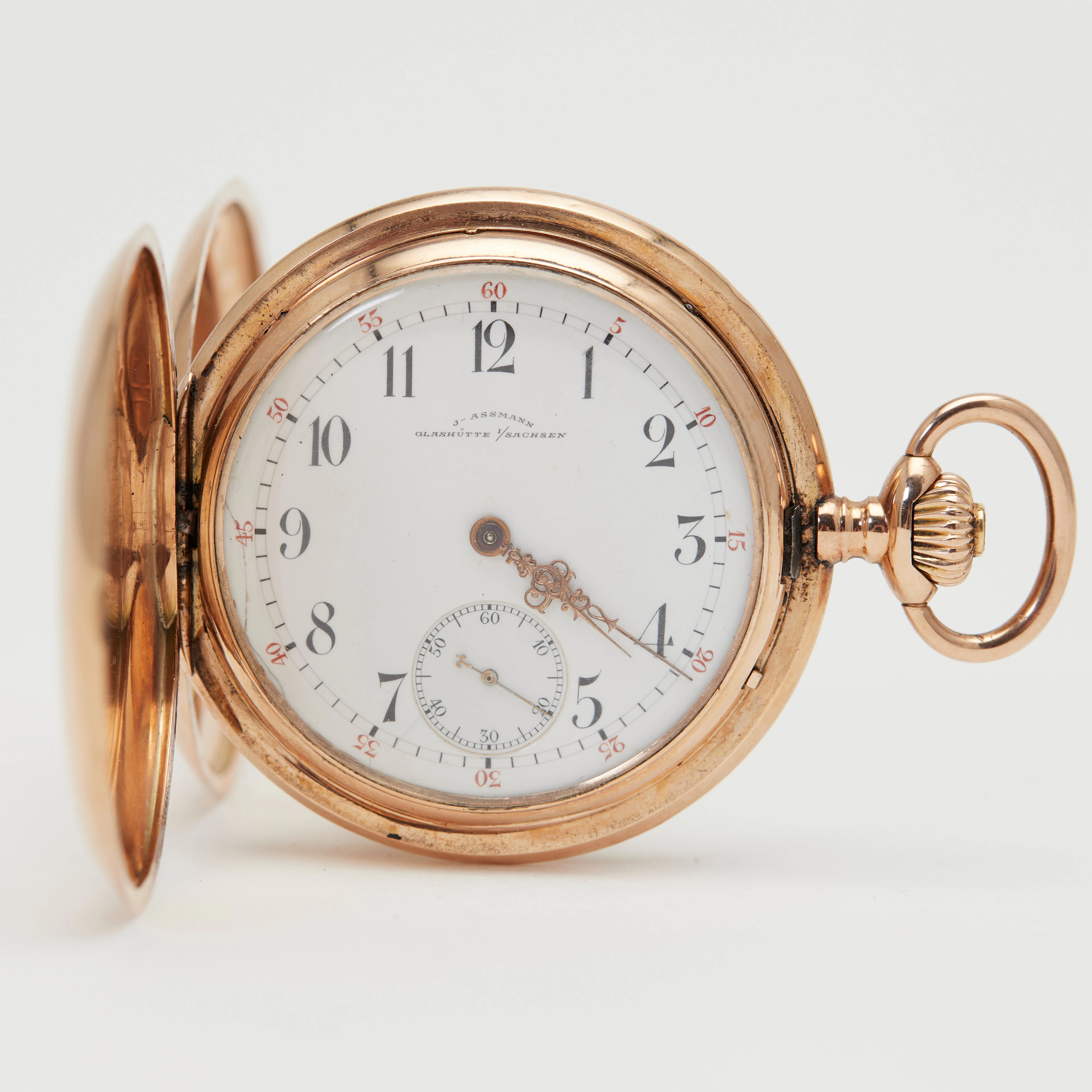 J. ASSMANN, GLASHÜTTE. Savonnette-Taschenuhr, 585er Roségold, um 1900