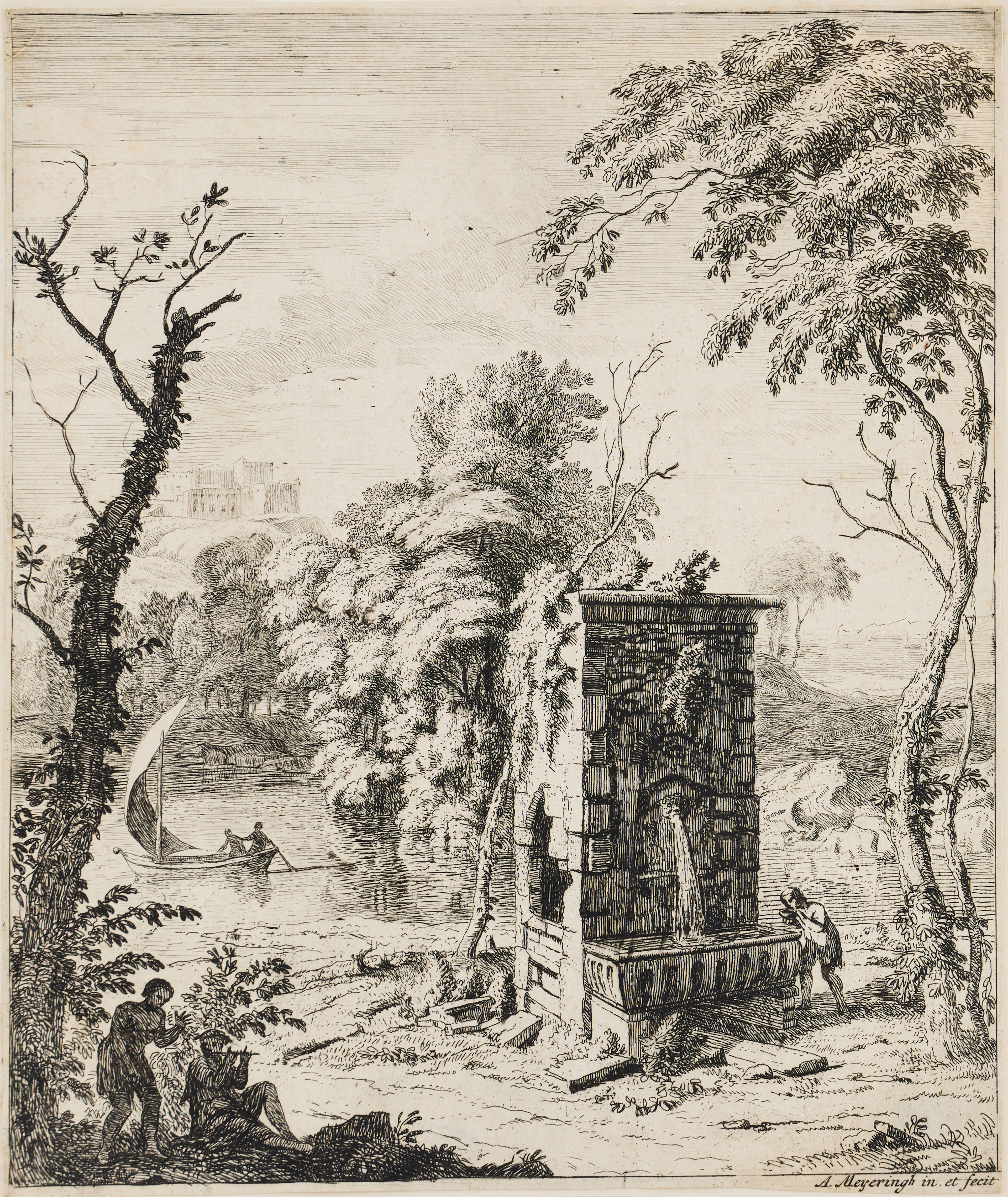 ALBERT MEYERING (THE NETHERLANDS 1645-1714). "Landscape with a Fountain