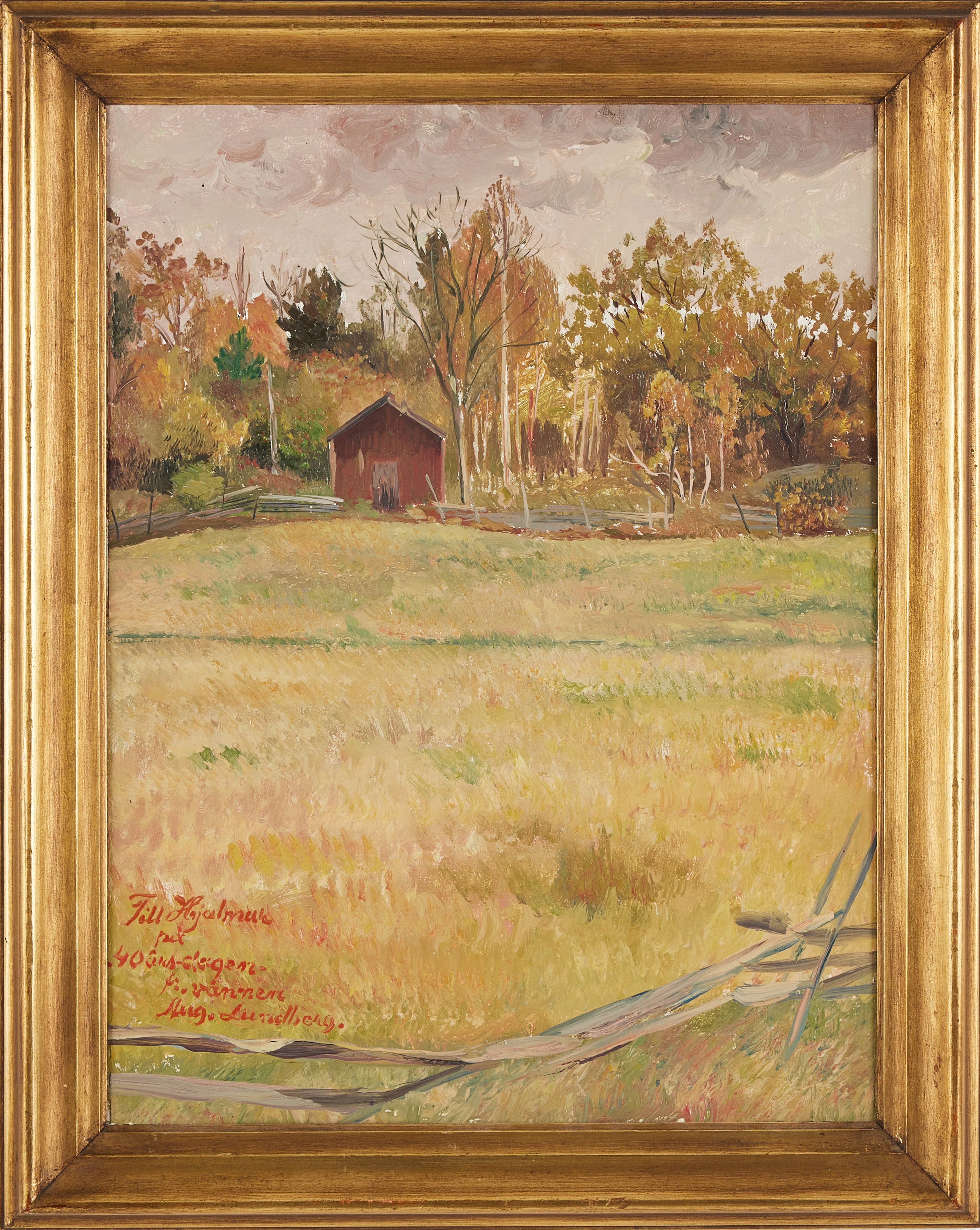 AUGUST LUNDBERG. Landskapsmotiv, bod vid äng, signerad, olja på pannå.
