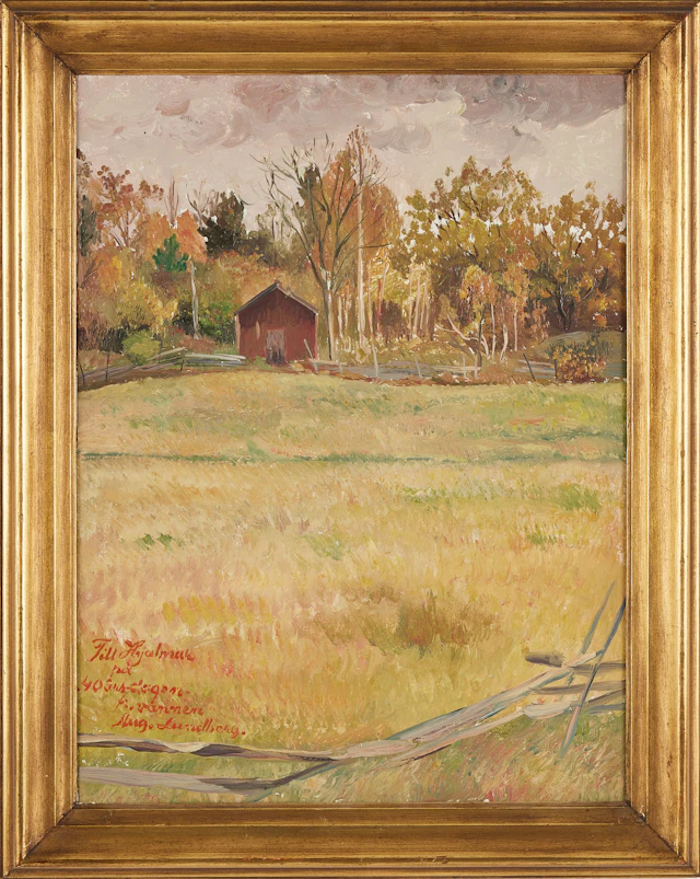 AUGUST LUNDBERG. Landskapsmotiv, bod vid äng, signerad, olja på pannå.