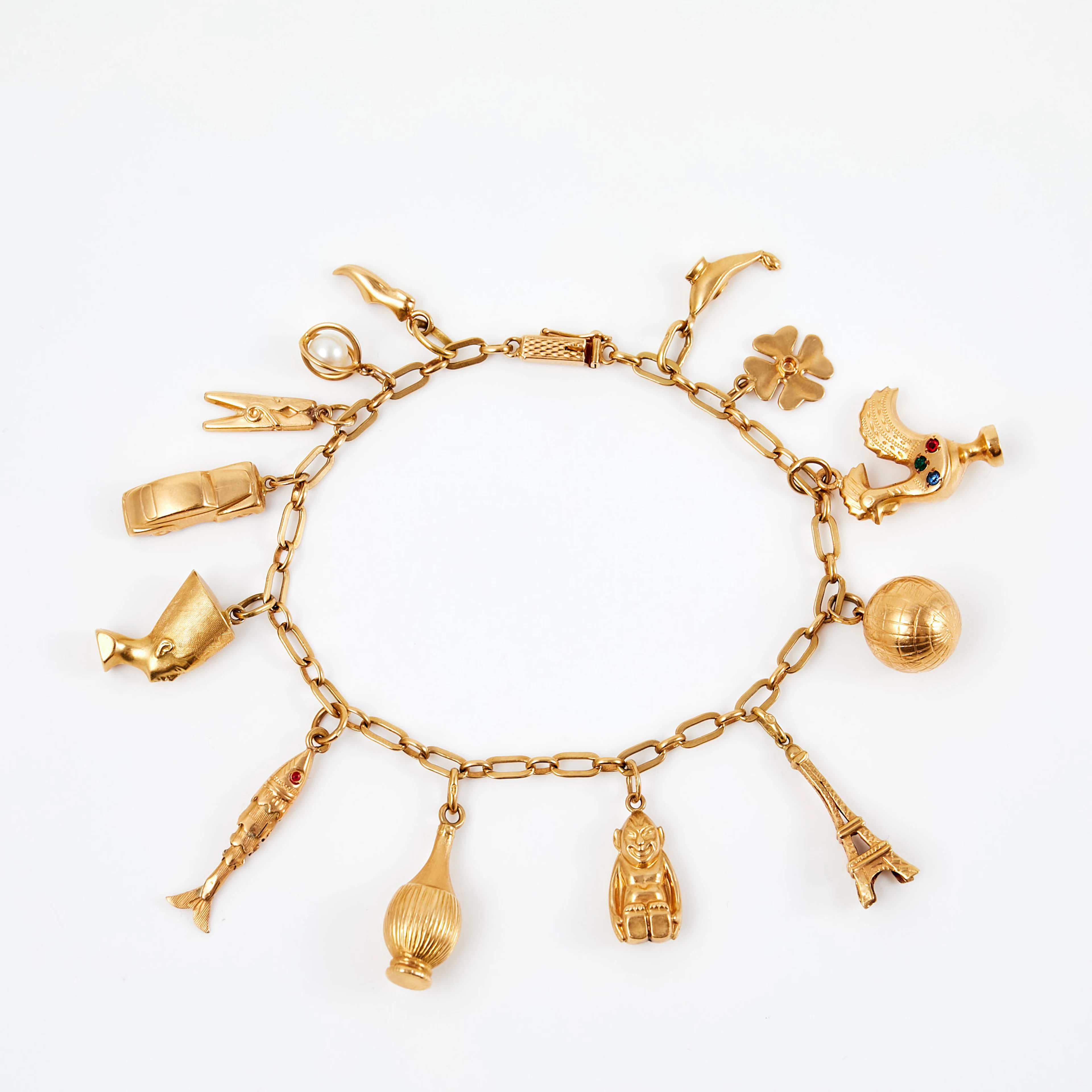 ARMBAND, 18 k guld, ankarlänk, 1 odlad pärla, fasettslipat glas i
