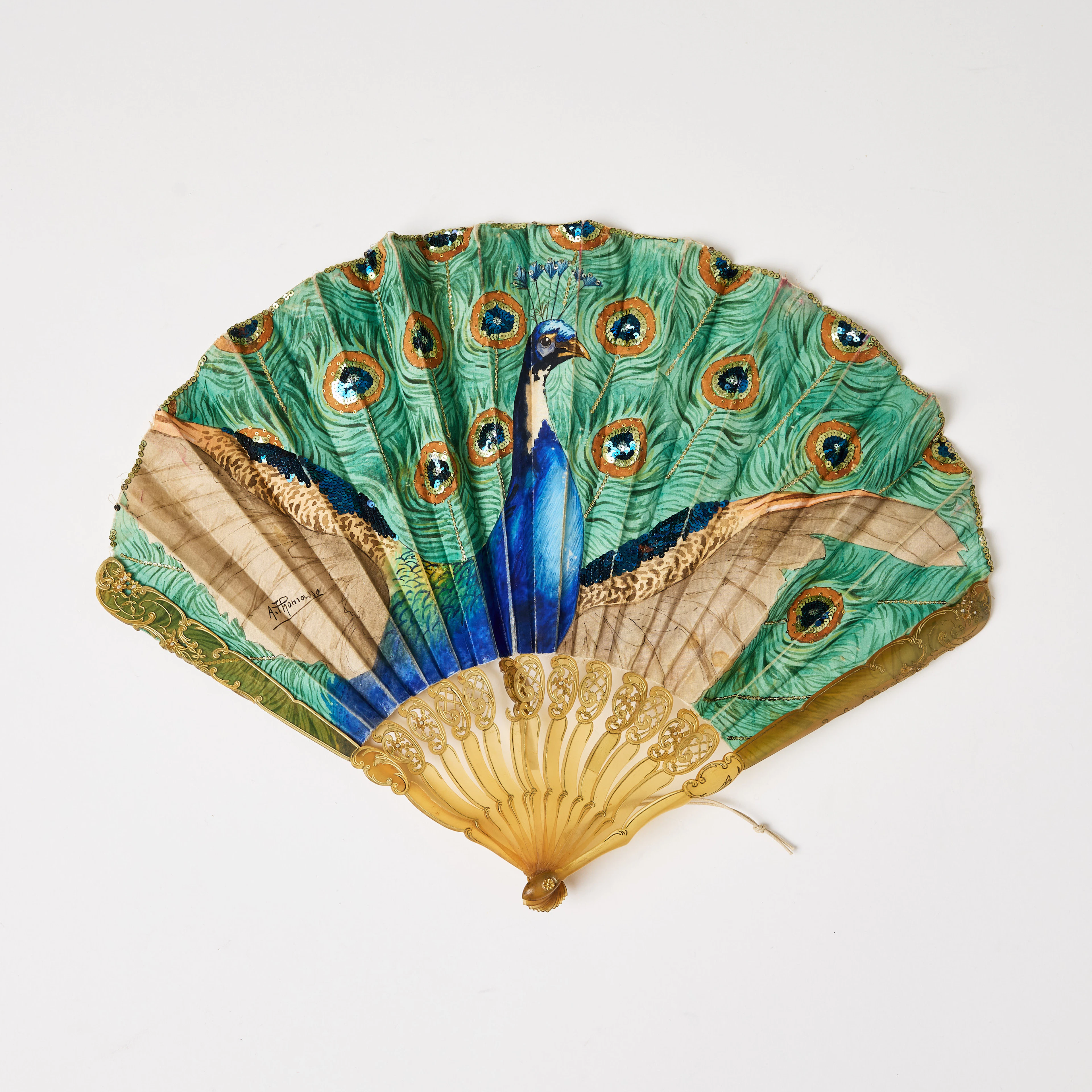 ADOLPHE THOMASSE (Frankrike, 1850-1930): "Peacock", solfjäder, gouache