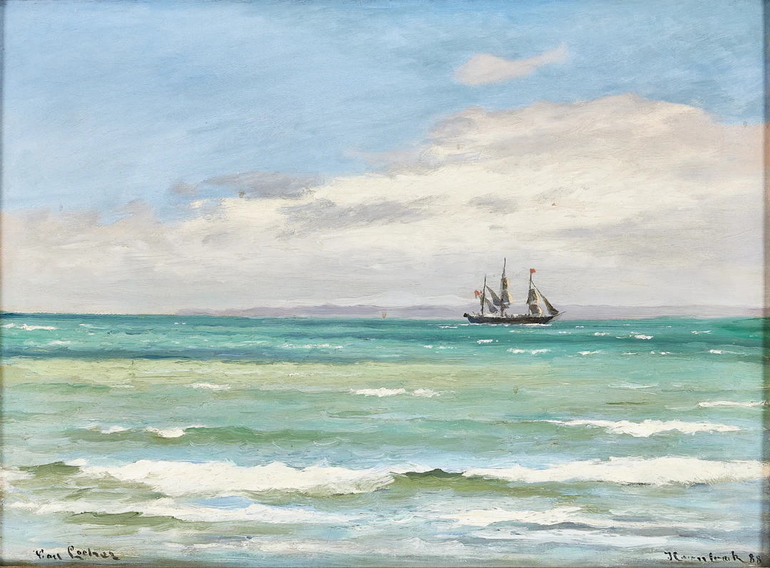 CARL LOCHER (1851-1915). Kustbild med skepp, olja på duk.