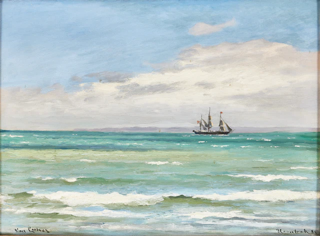 CARL LOCHER (1851-1915). Kustbild med skepp, olja på duk.