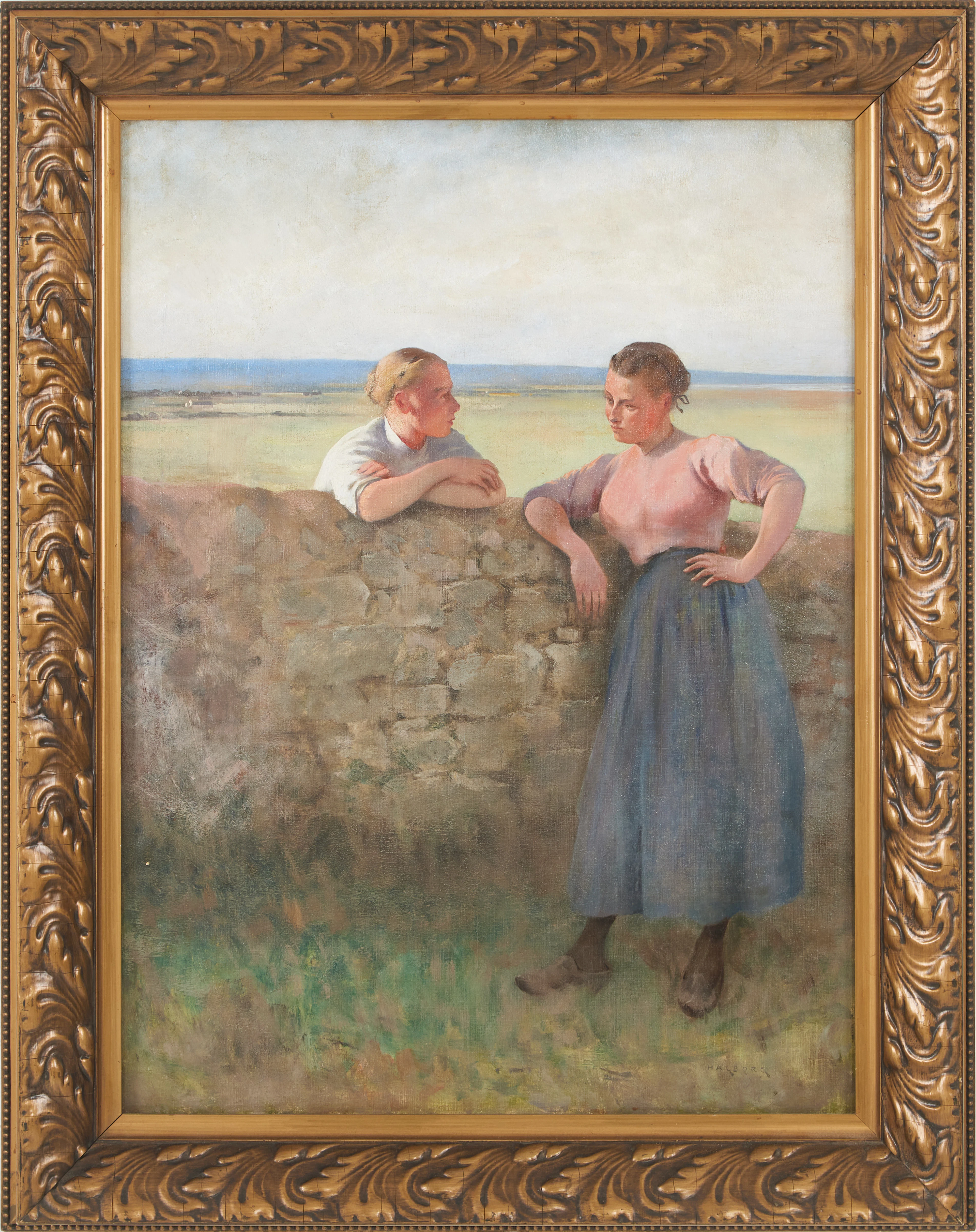 AUGUST HAGBORG. Konverserande kvinnor, olja på duk, signerad.