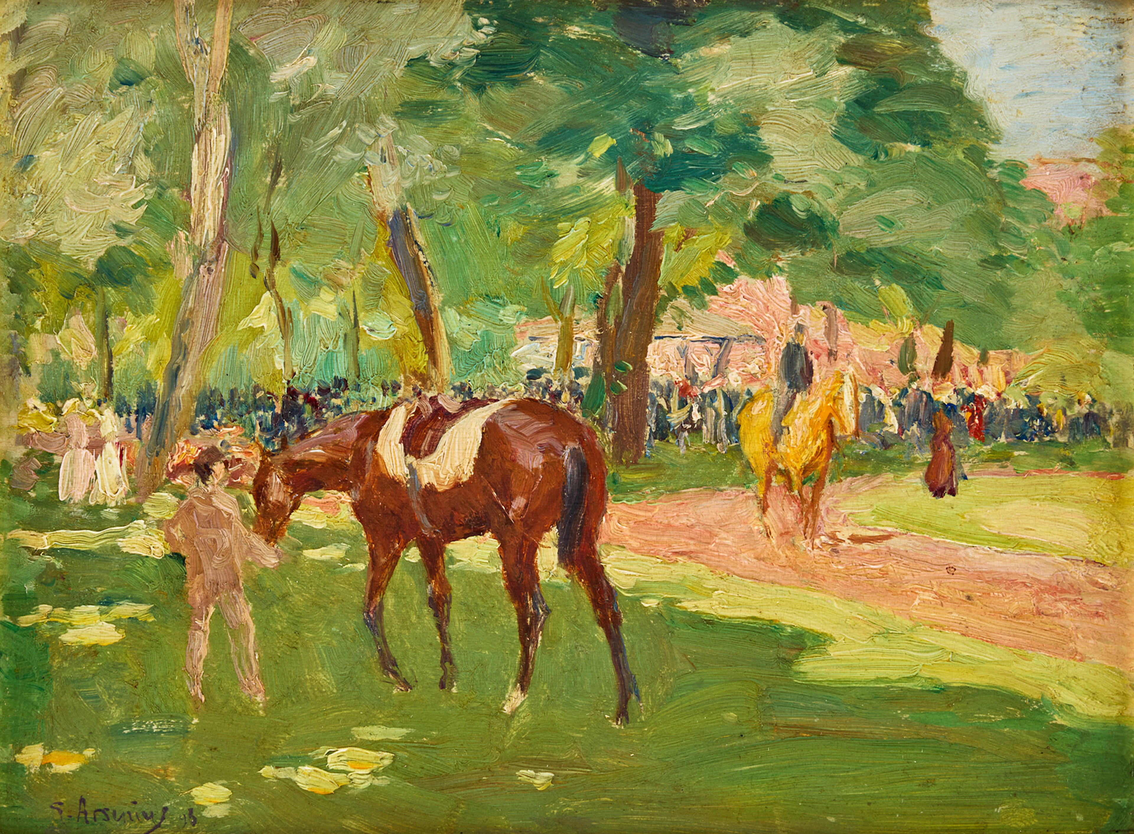 CARL GEORG ARSENIUS. Tävlingsdag (troligen motiv från galoppbanan i Deauville).