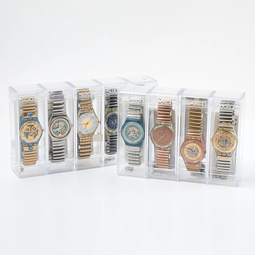 SWATCH, 9 styck, samling armbandsur, 1980/1990-tal, i originalförpackningar.