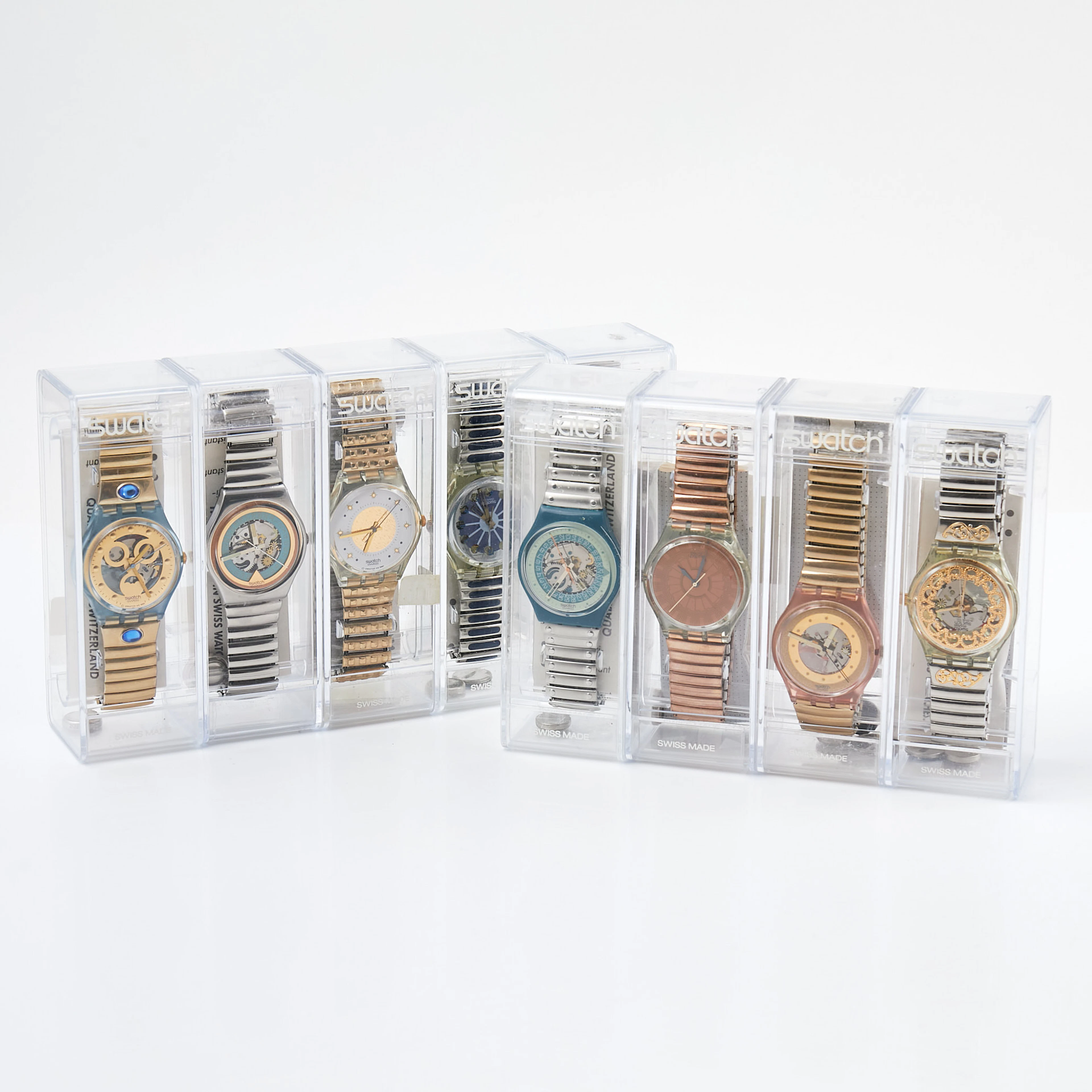 SWATCH, 9 styck, samling armbandsur, 1980/1990-tal, i originalförpackningar.