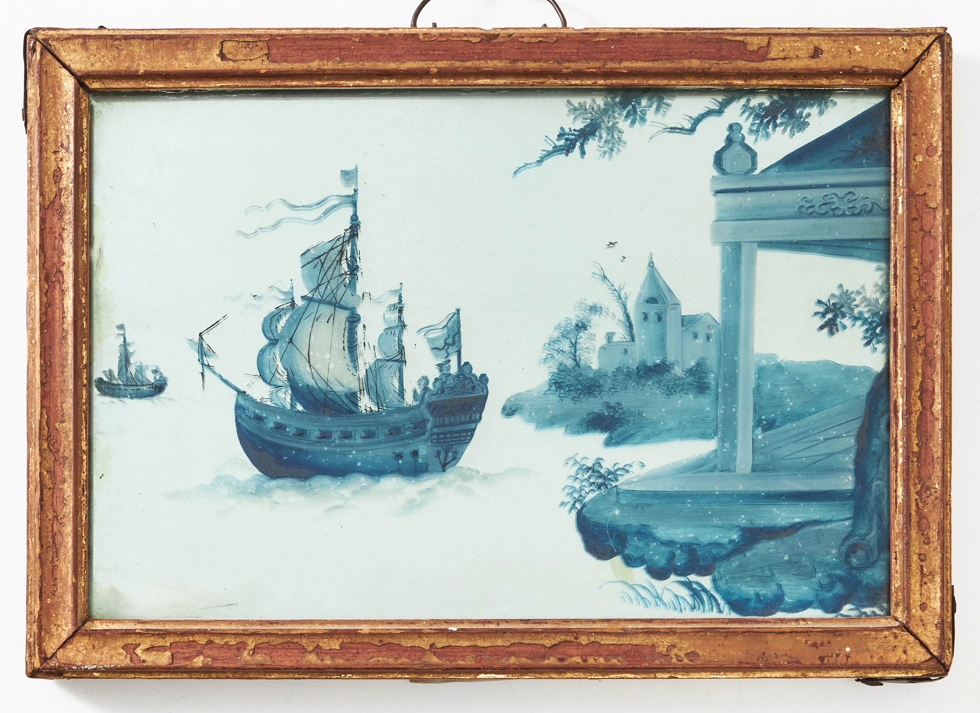 GLASMÅLNIG, Kina, 1700-tal, fartyg, förgylld ram.