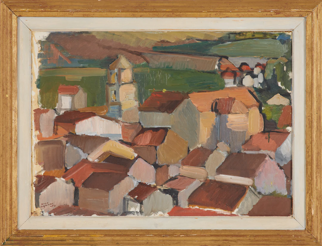 BROR INGEMAR FRÖBERG. "Kubistisk stad", olja på duk, signerad och daterad, -50.