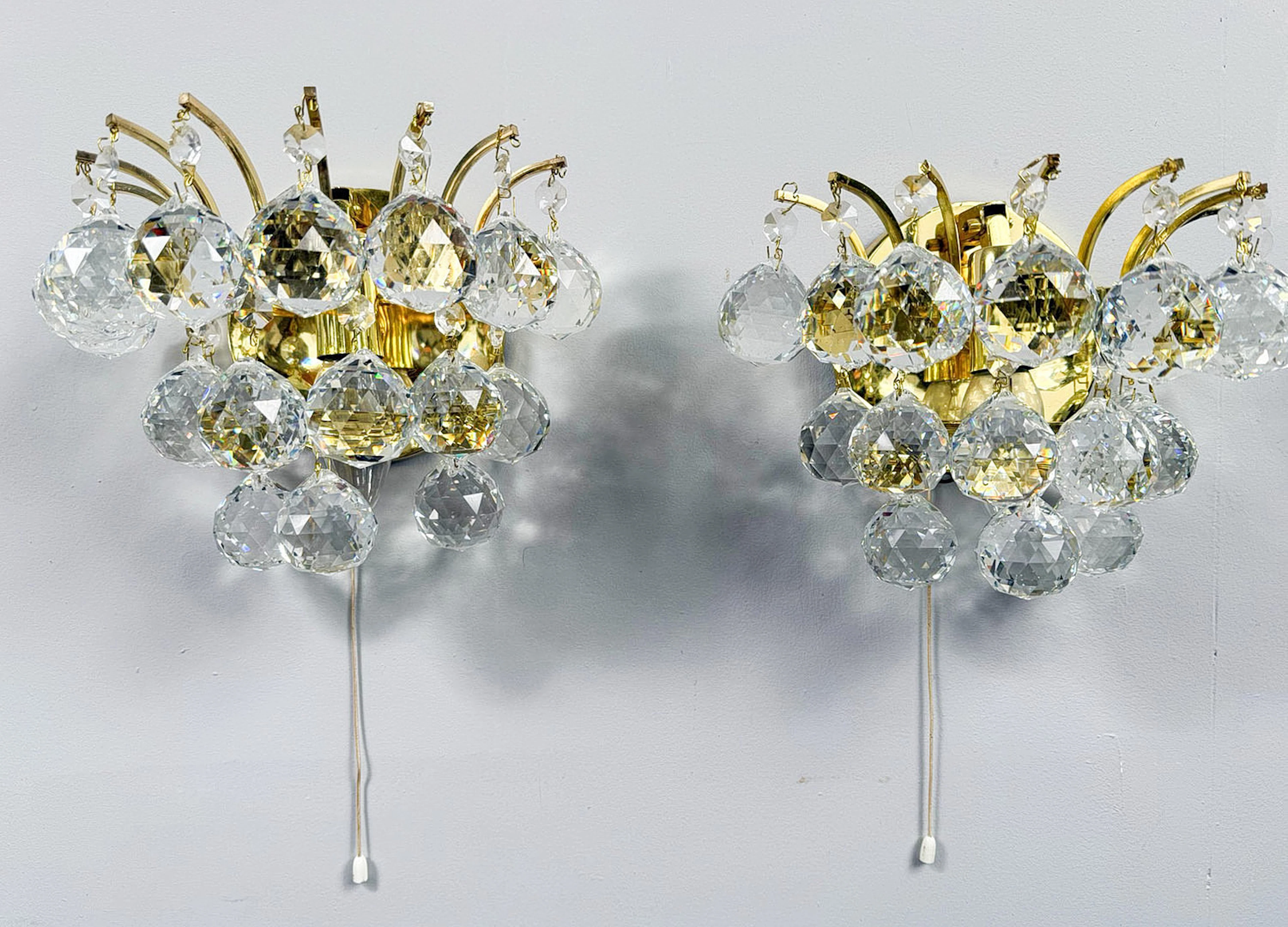 2er Set Wandlampen mit Kristallgläser von Ernst Palme, Hollywood Regency