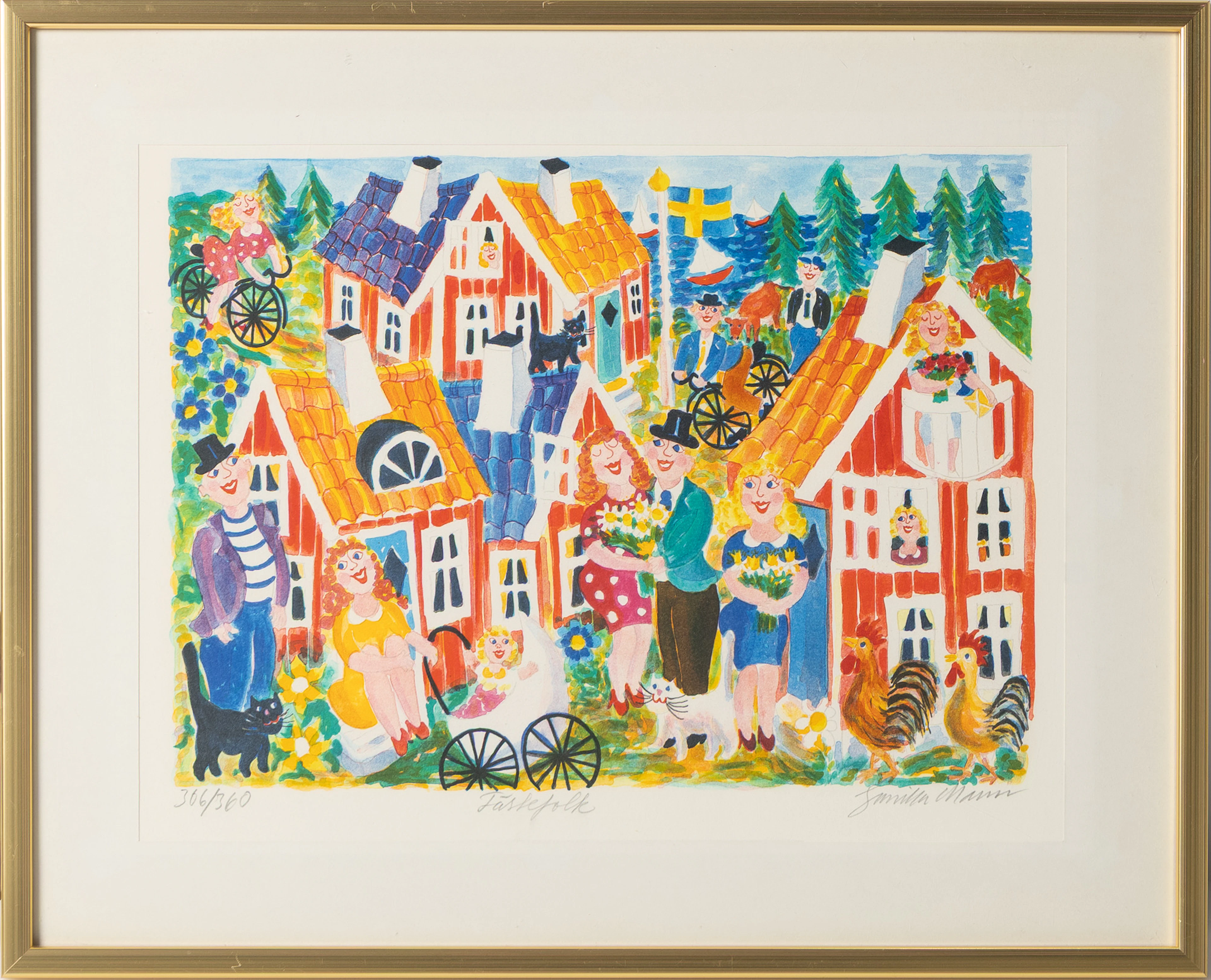 GUNILLA MANN. Färglitografi, "Festefolk", signerad samt numrerad.