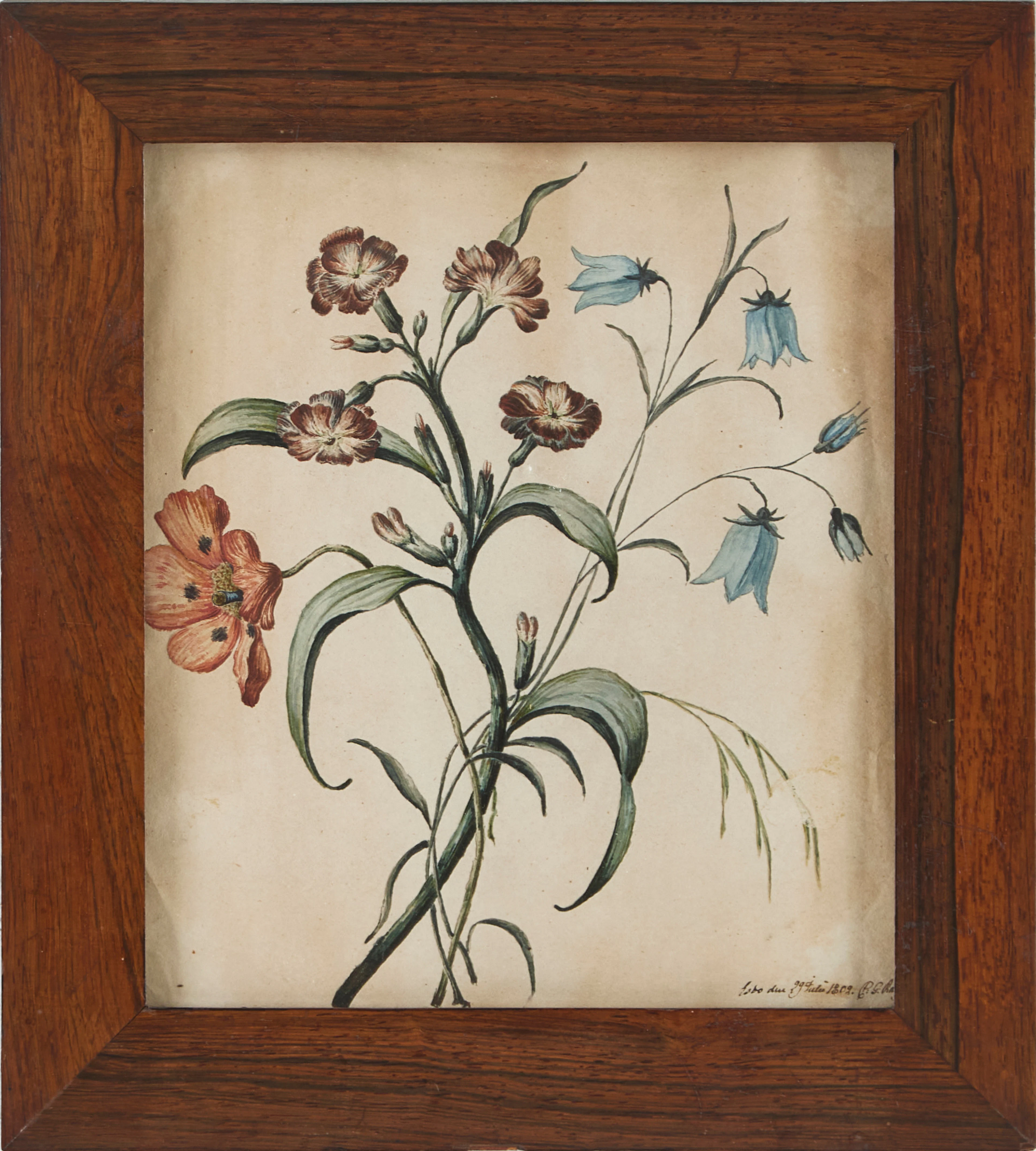 OIDENTIFIERAD KONSTNÄR. Blomsterstilleben, signerad och daterad 1802