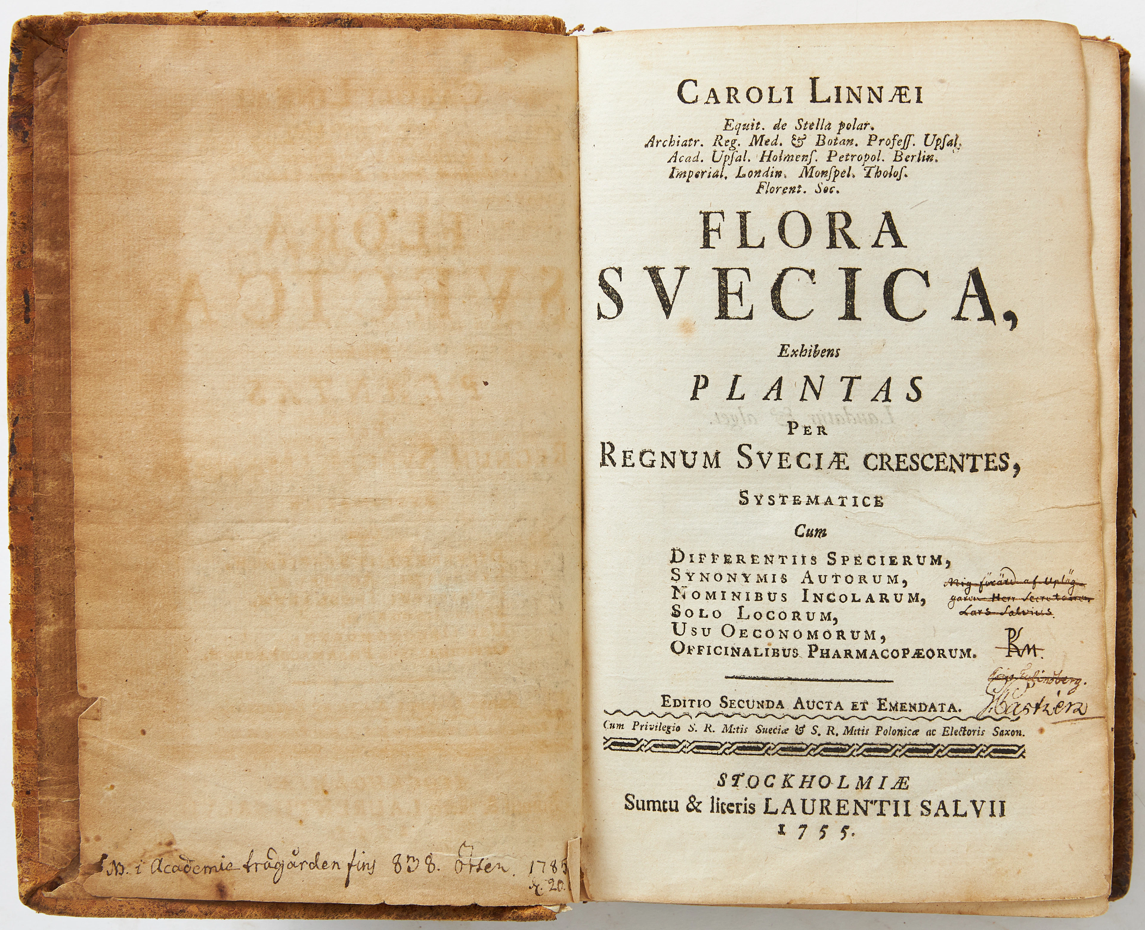 CARL VON LINNÉ. PEHR KALM'S COPY OF LINNAEUS'S FLORA SVECICA, 2nd ed., 1755.
