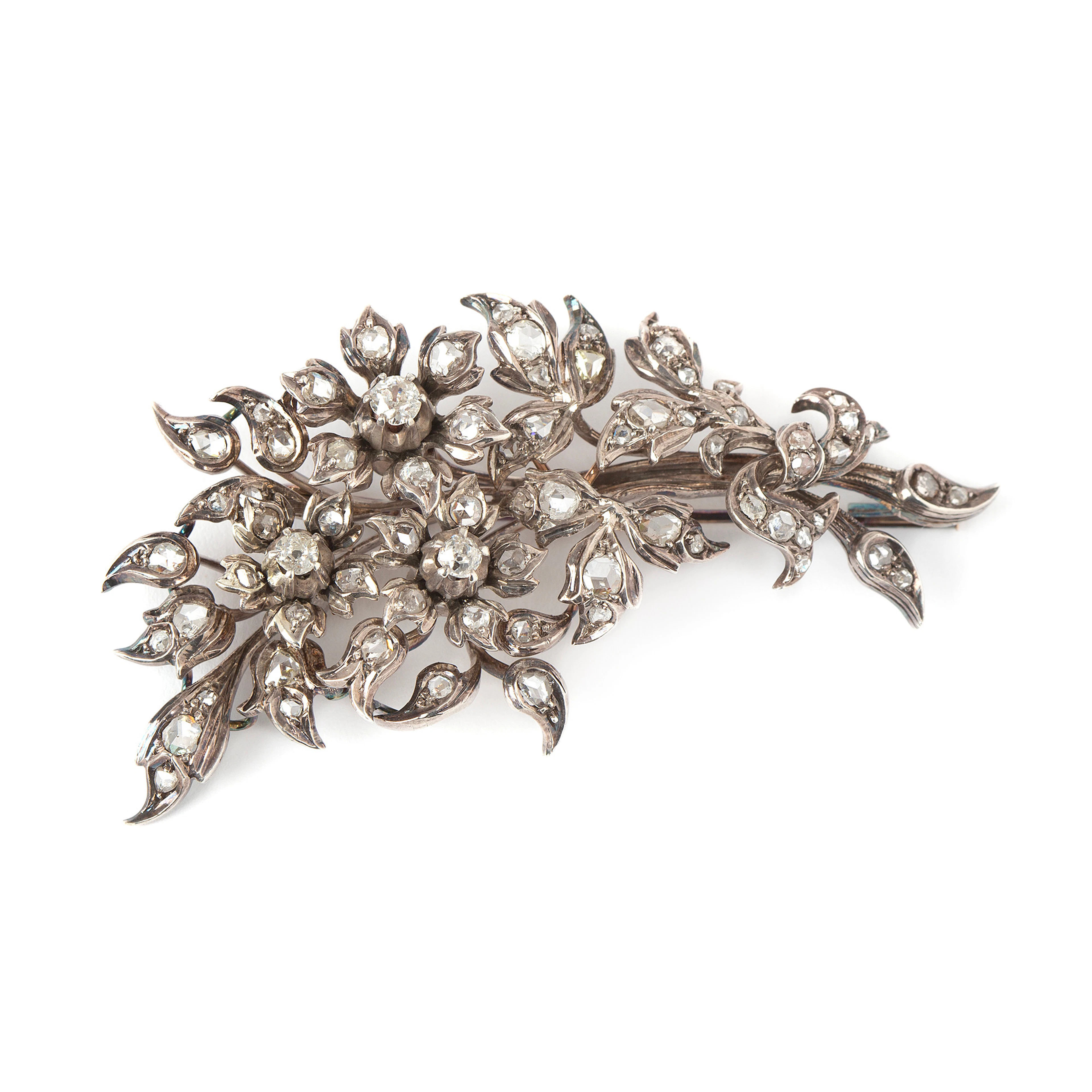 BROSCH, silver och guld med diamanter, 1800-tal.