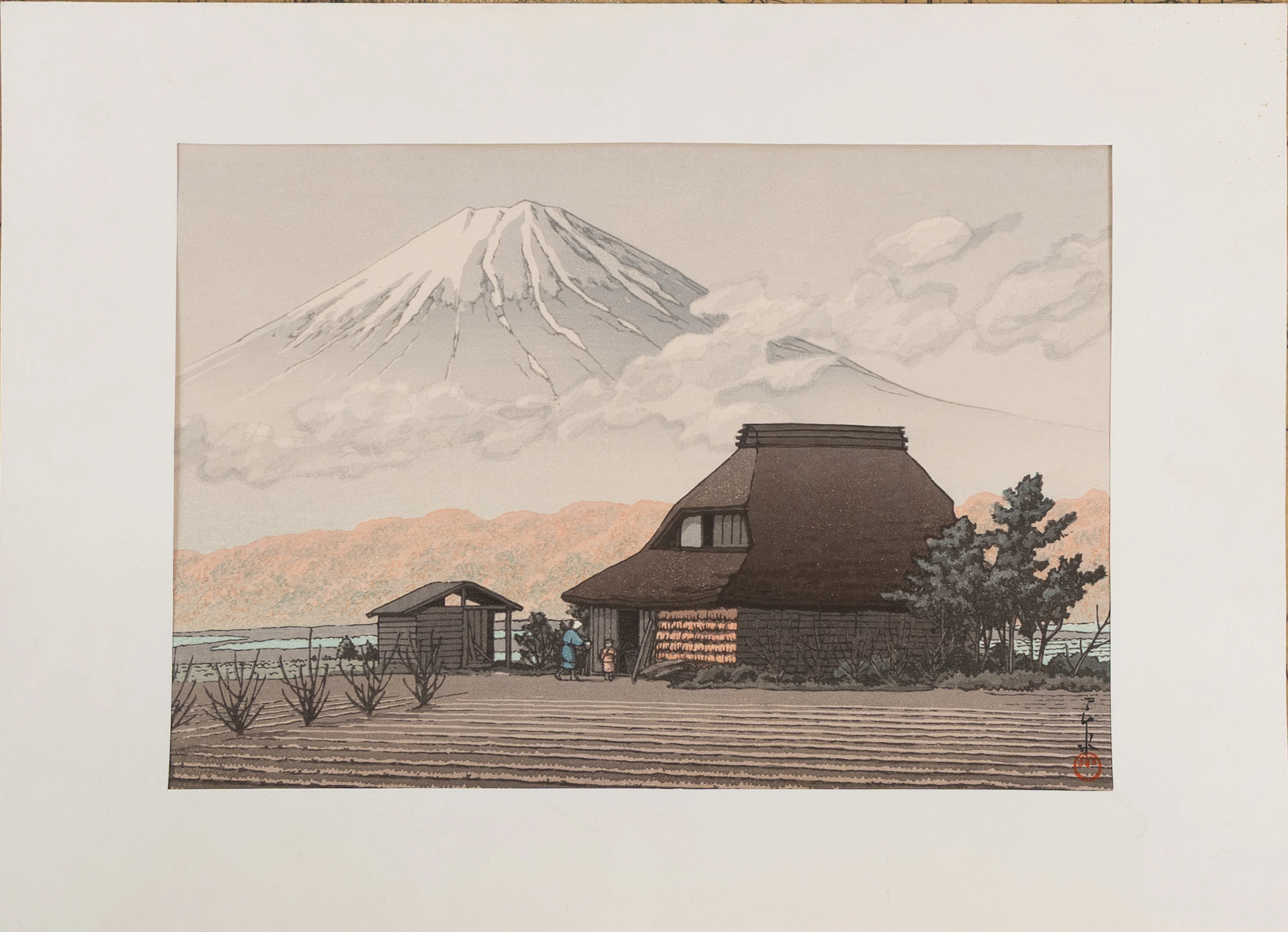 KAWASE HASUI (JAPAN 1883-1957). Träsnitt "Berget Fuji från Narusawa", oramad.