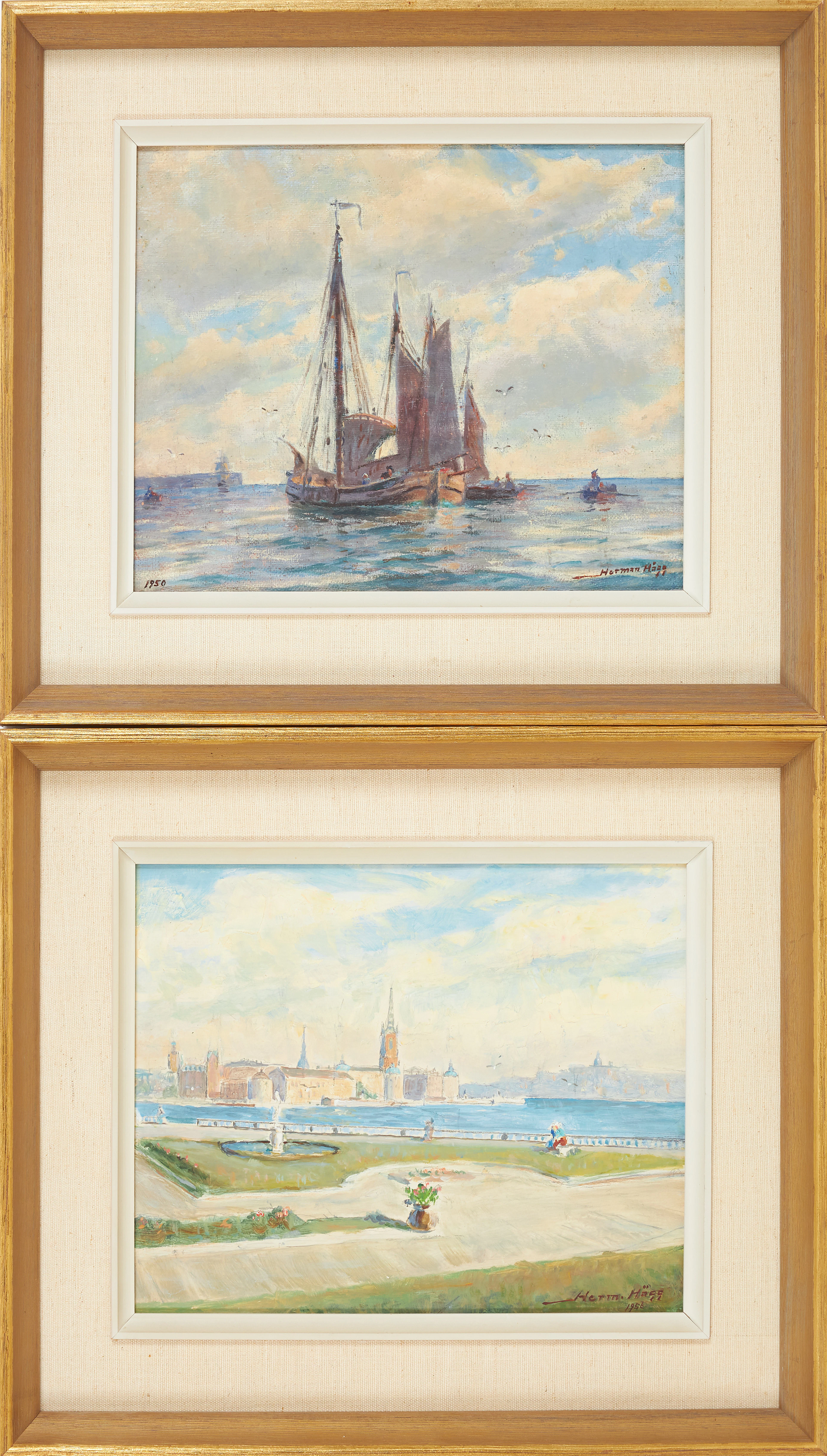 HERMAN HÄGG. 2 st, Stockholmsmotiv, marint, olja på pannå, signerade