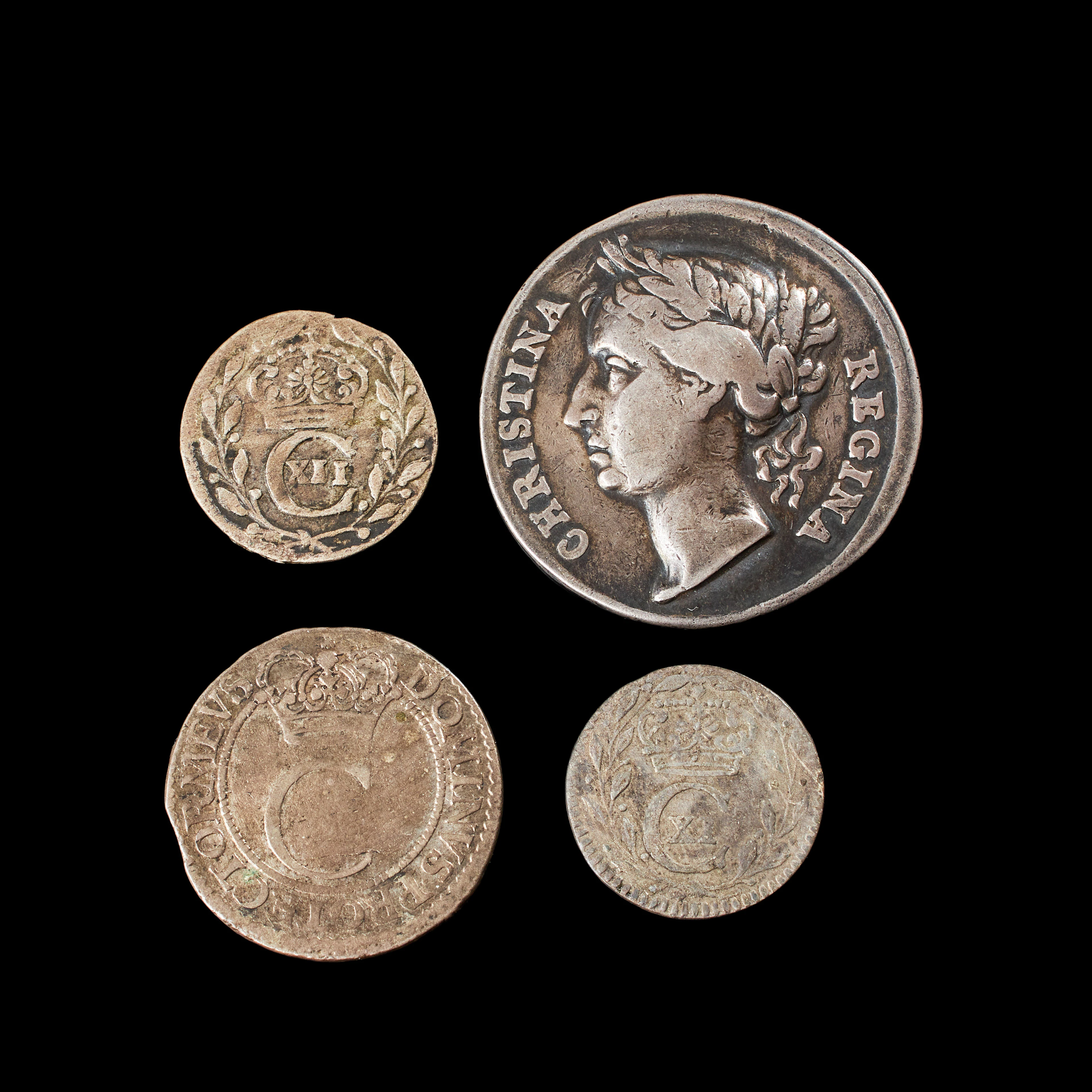 SILVERMYNT, 4 st, drottning Kristina kastmynt från 1650, Karl XI 1
