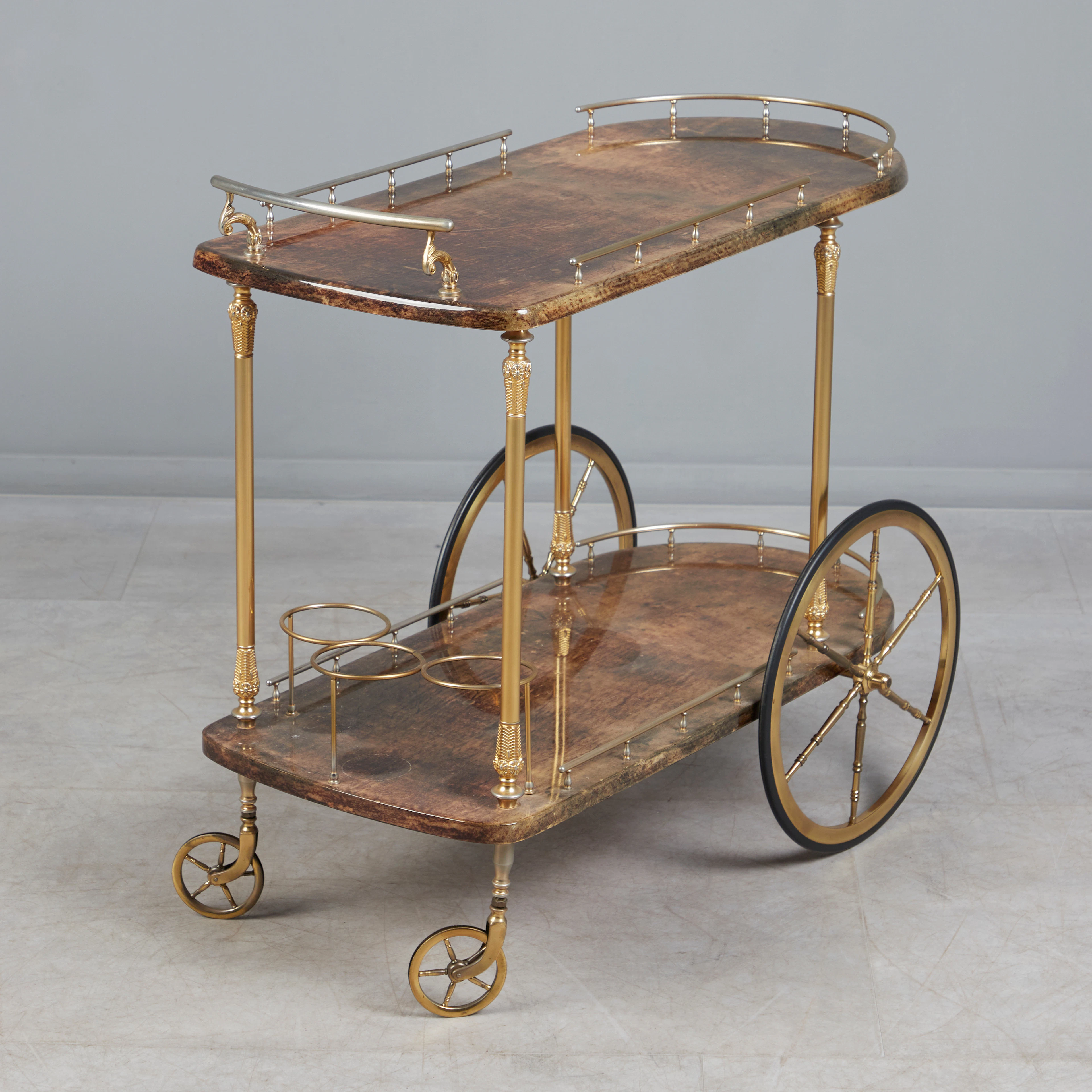 ALDO TURA. Barwagen / Servierwagen, Messing, Holz, Ziegenleder, 1970er
