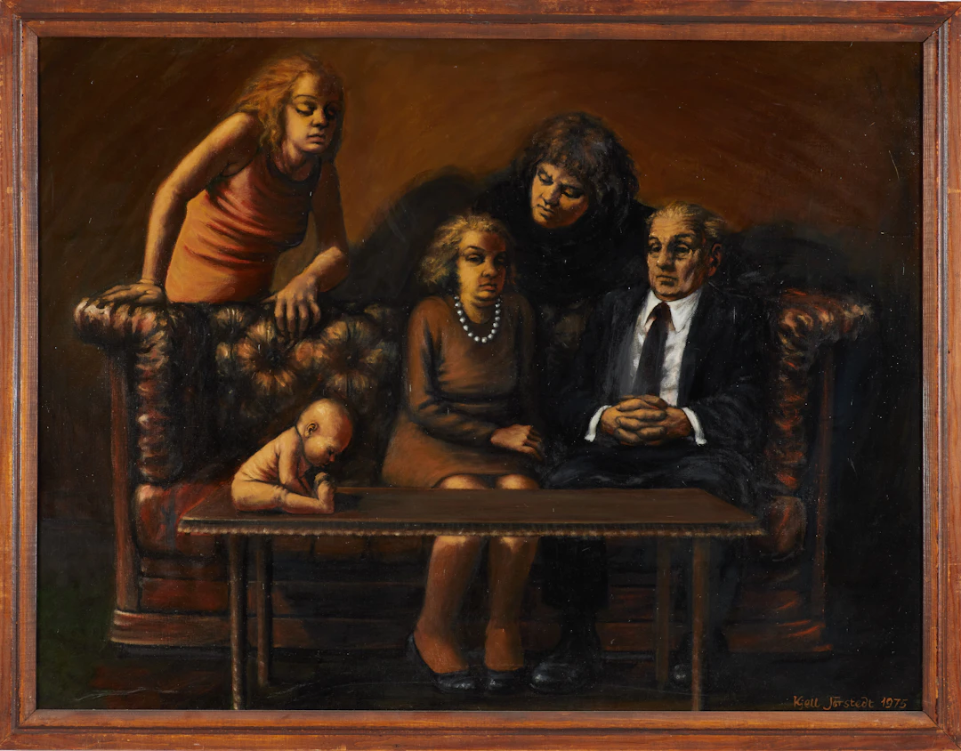 KJELL JÖRSTEDT. "Familjeliv", olja på duk, signerad och daterad 1975.