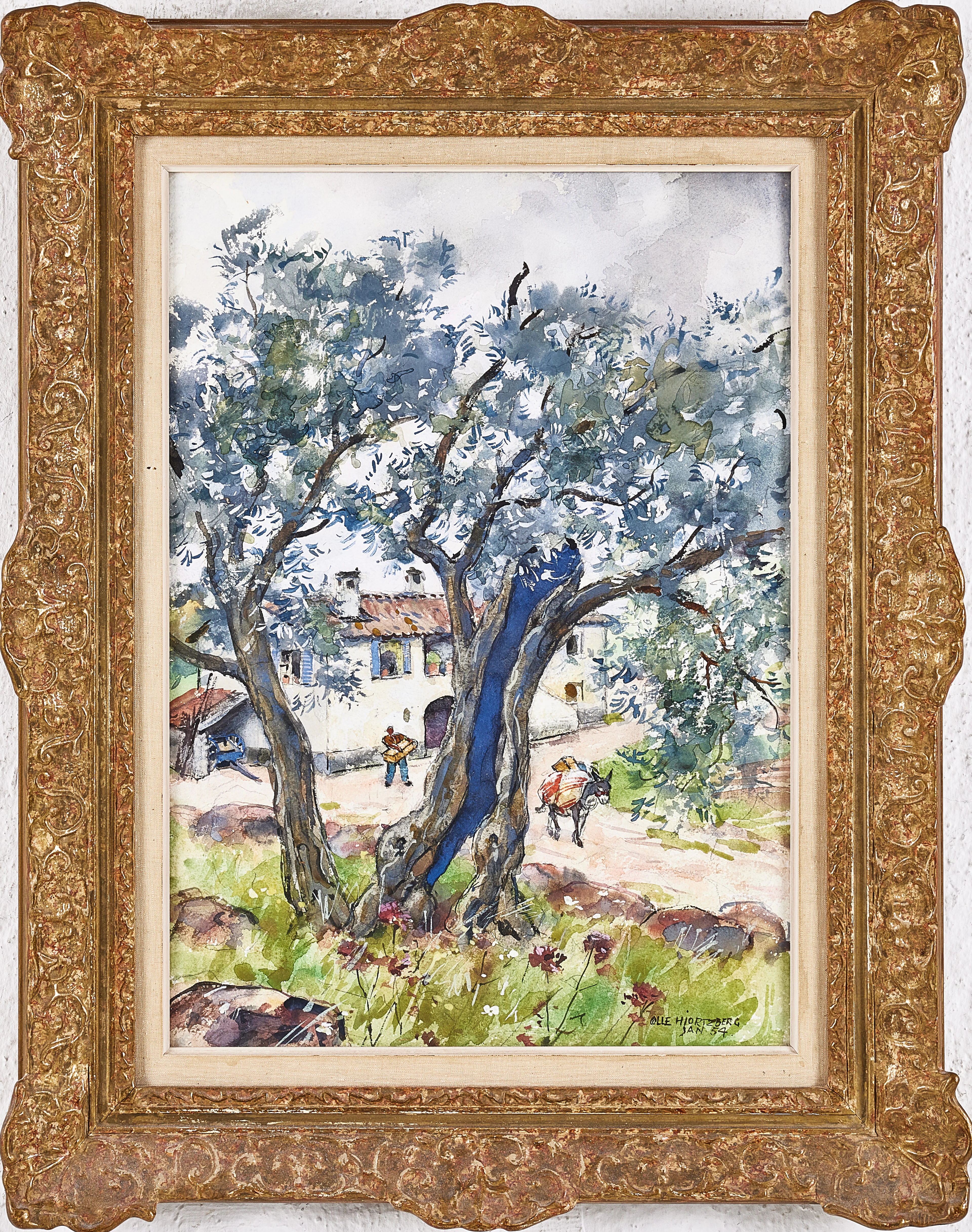OLLE HJORTZBERG. Sydländskt landskap, akvarell, signerad och daterad Jan 54.