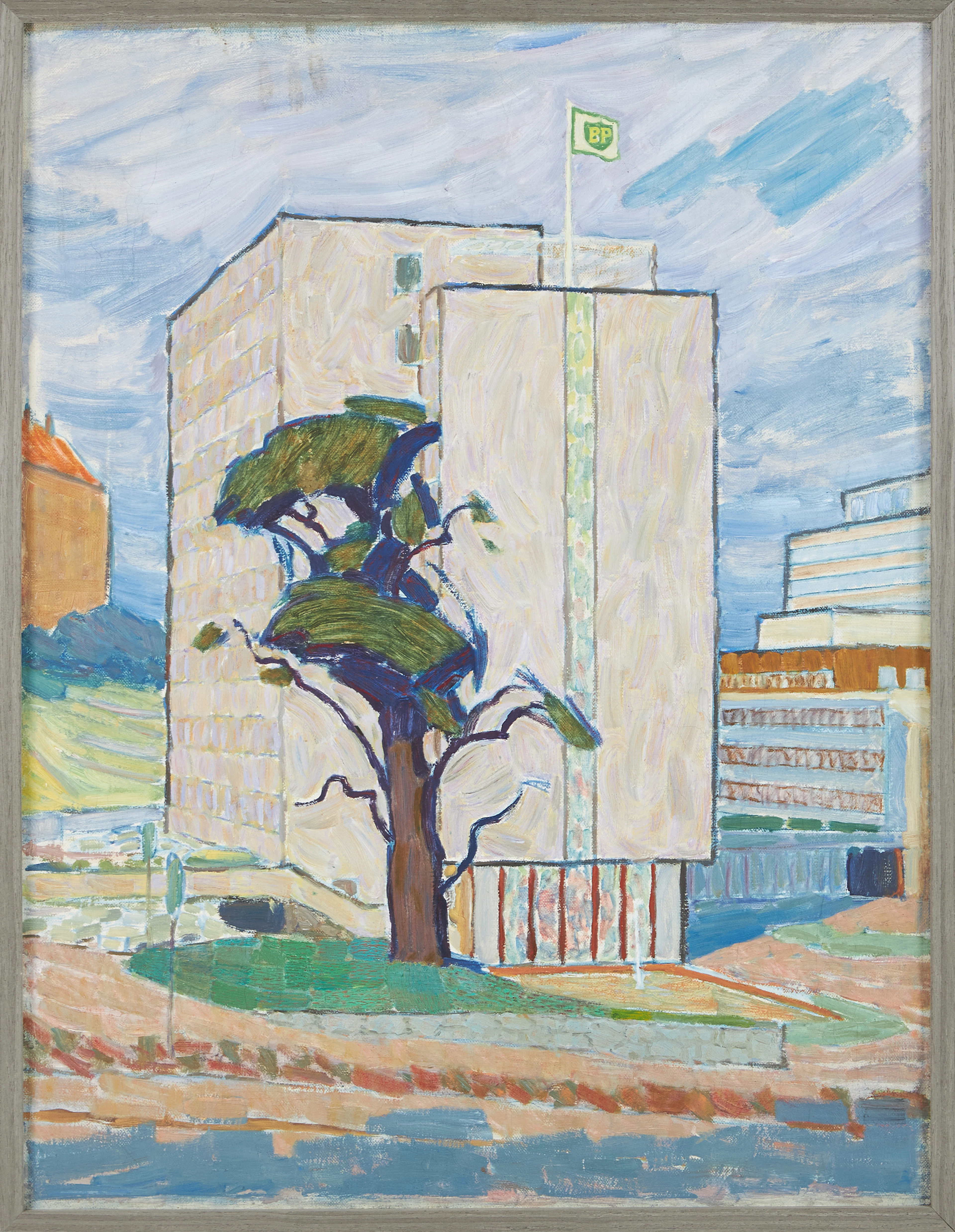TORSTEN LÖWGREN. (1903-1991). "BP-huset i Stockholm", olja på duk, osignerad.