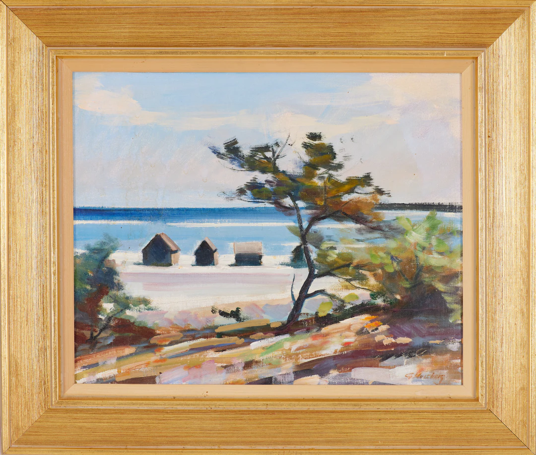 GUNNAR MOSSBERG. "Fiskeläge - AR. Gotland", olja på pannå, G. Mossberg.