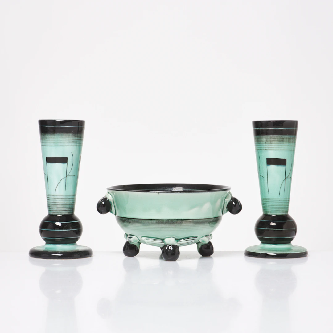 ILSE CLAESSON. Skål och vaser, 3 dlr., Art deco / Swedish Grace, turkos