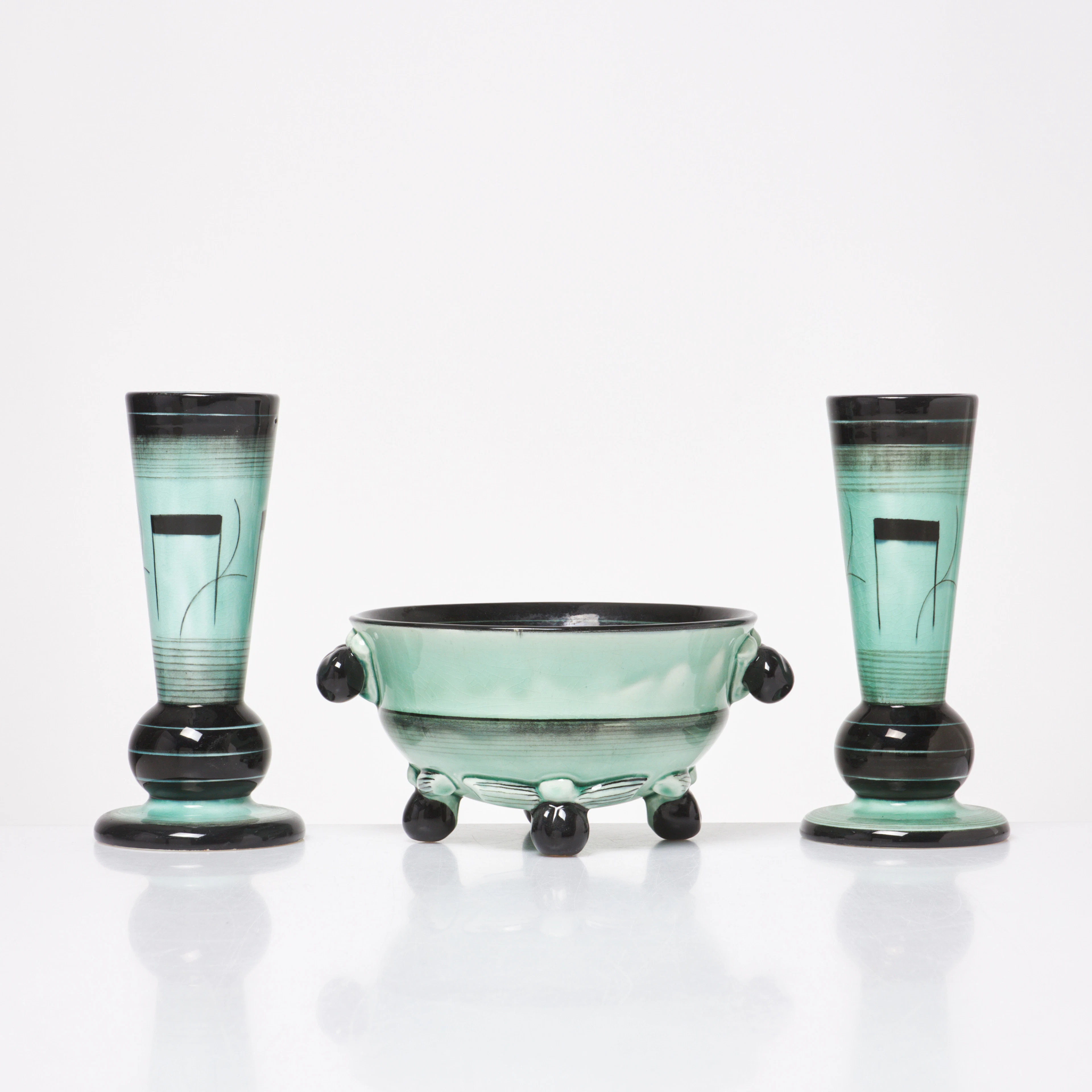 ILSE CLAESSON. Skål och vaser, 3 dlr., Art deco / Swedish Grace, turkos