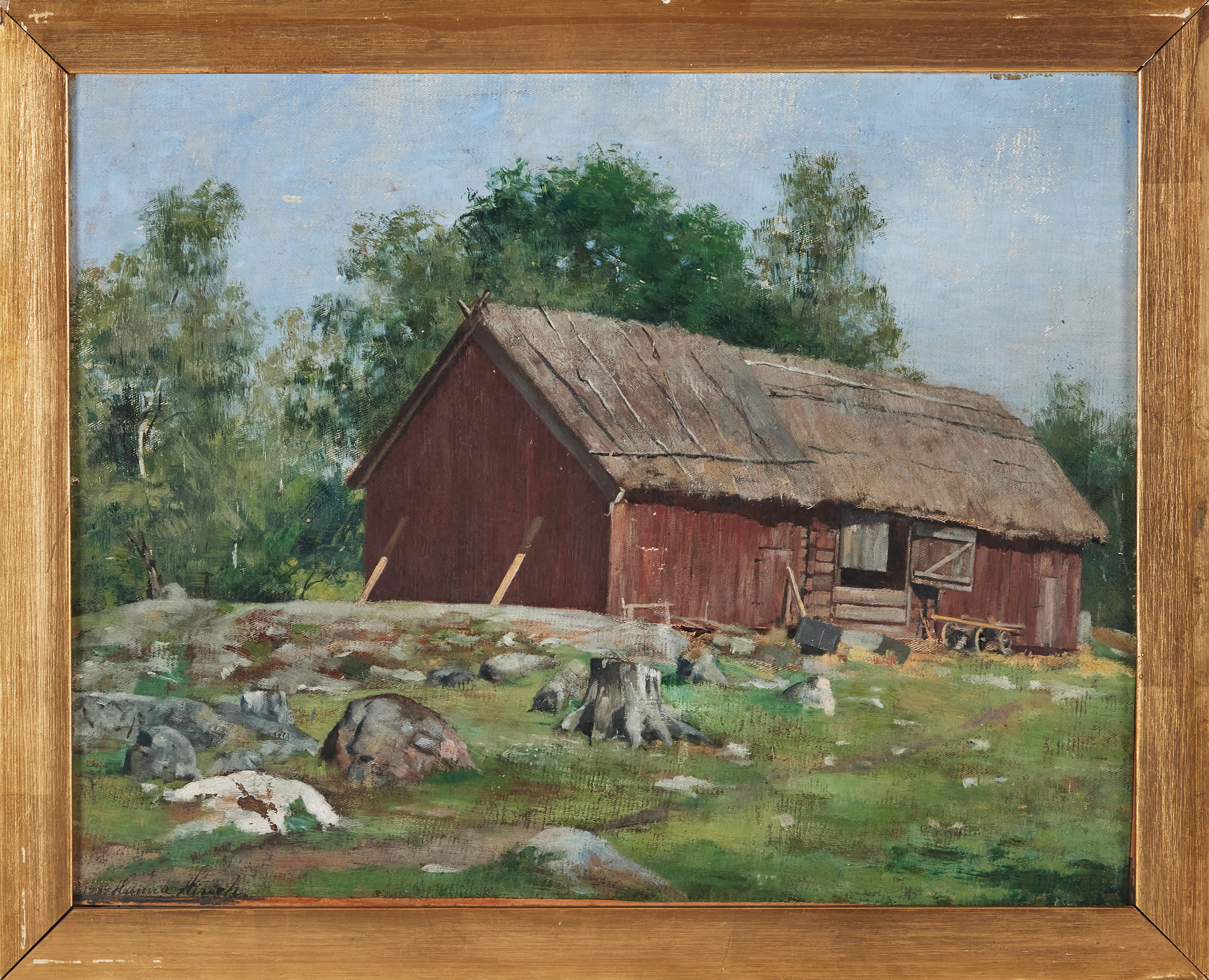 HANNA PAULI. Gårdshus, olja på uppfodrad duk, signerad, daterad 1885.
