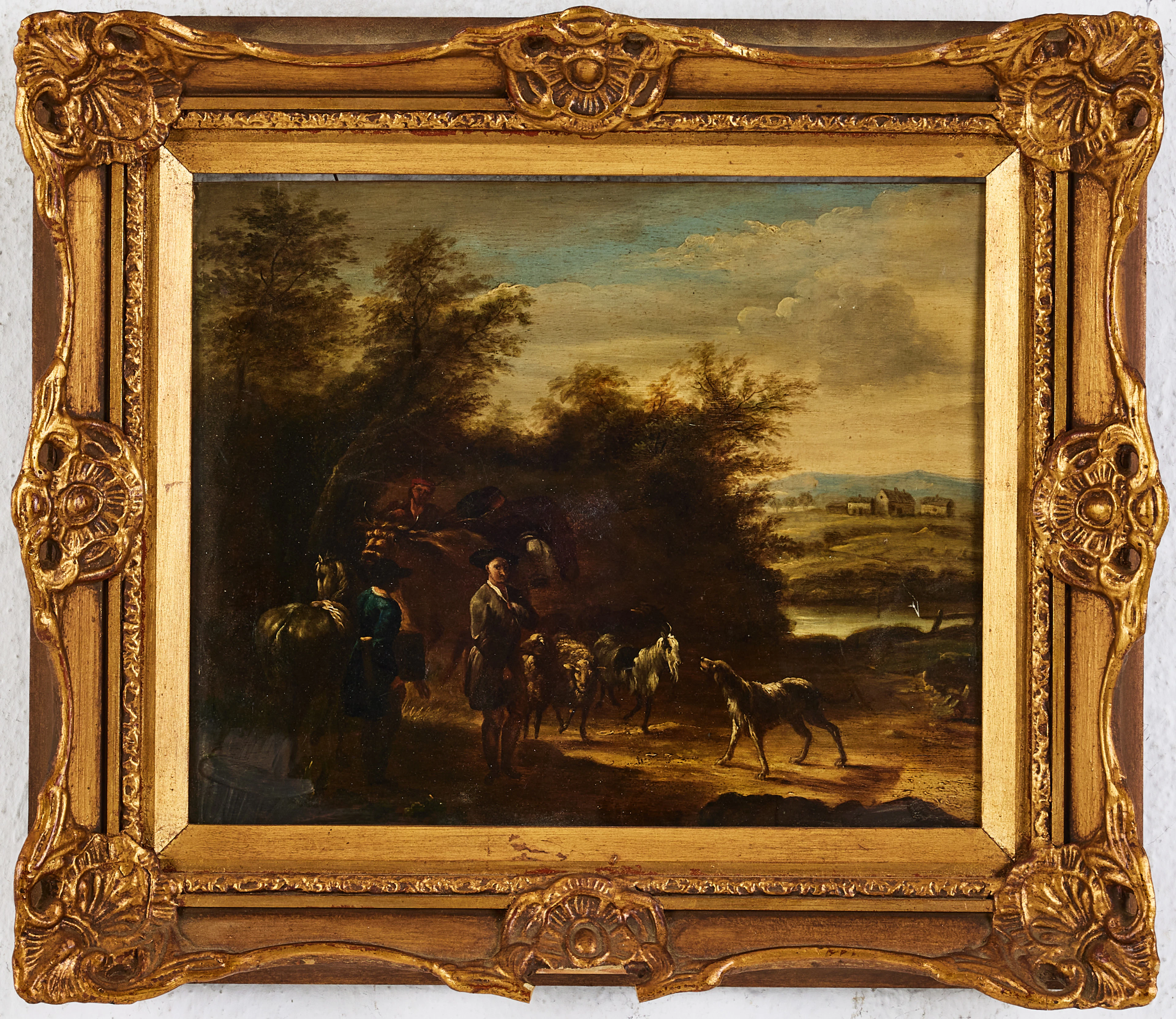 OIDENTIFIERAD KONSTNÄR. Landskap med herde,1800-tal, olja på träpannå.