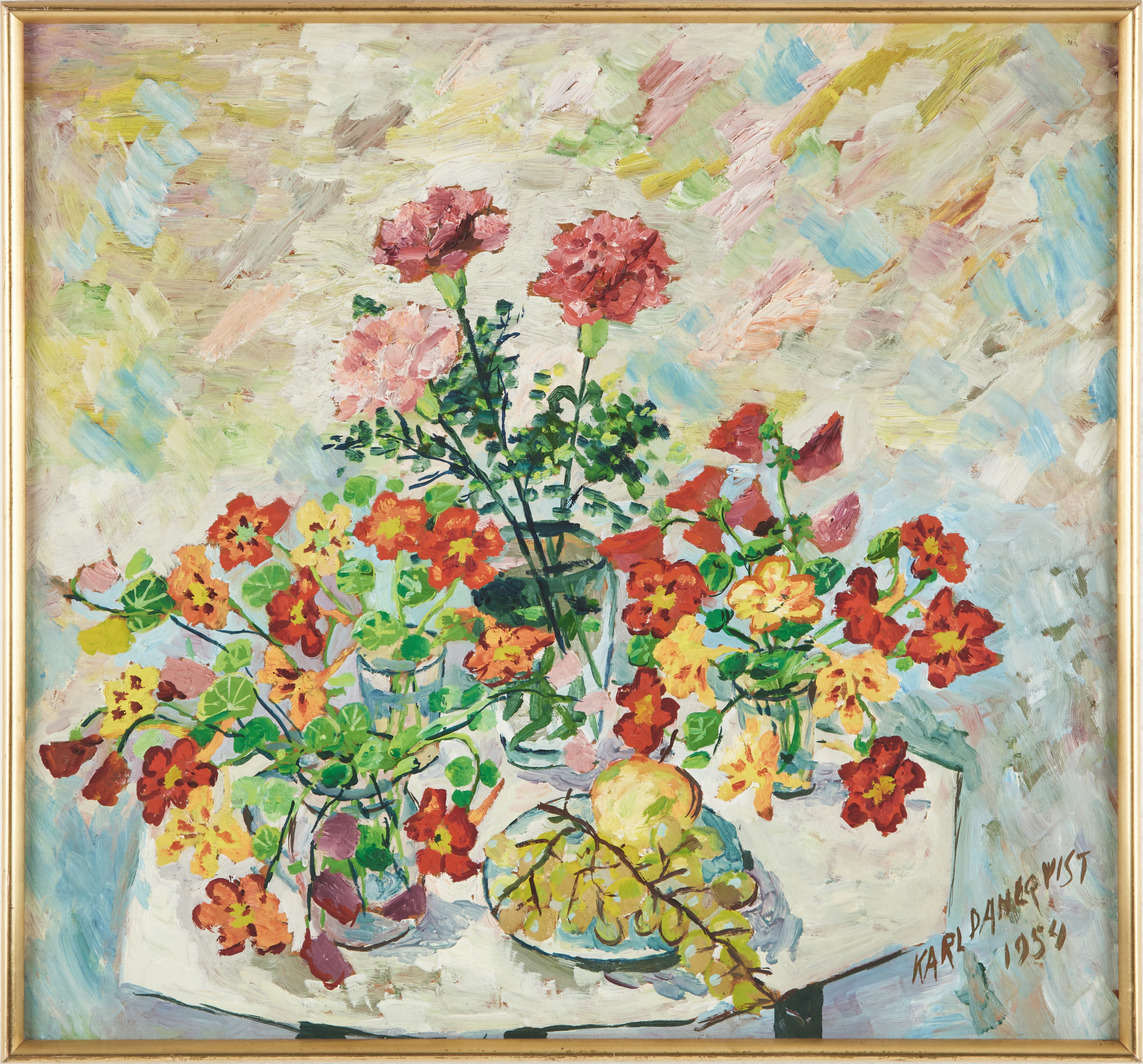 KARL DAHLQVIST. Blomsterstilleben med nejlikor och krasse, oljemålning