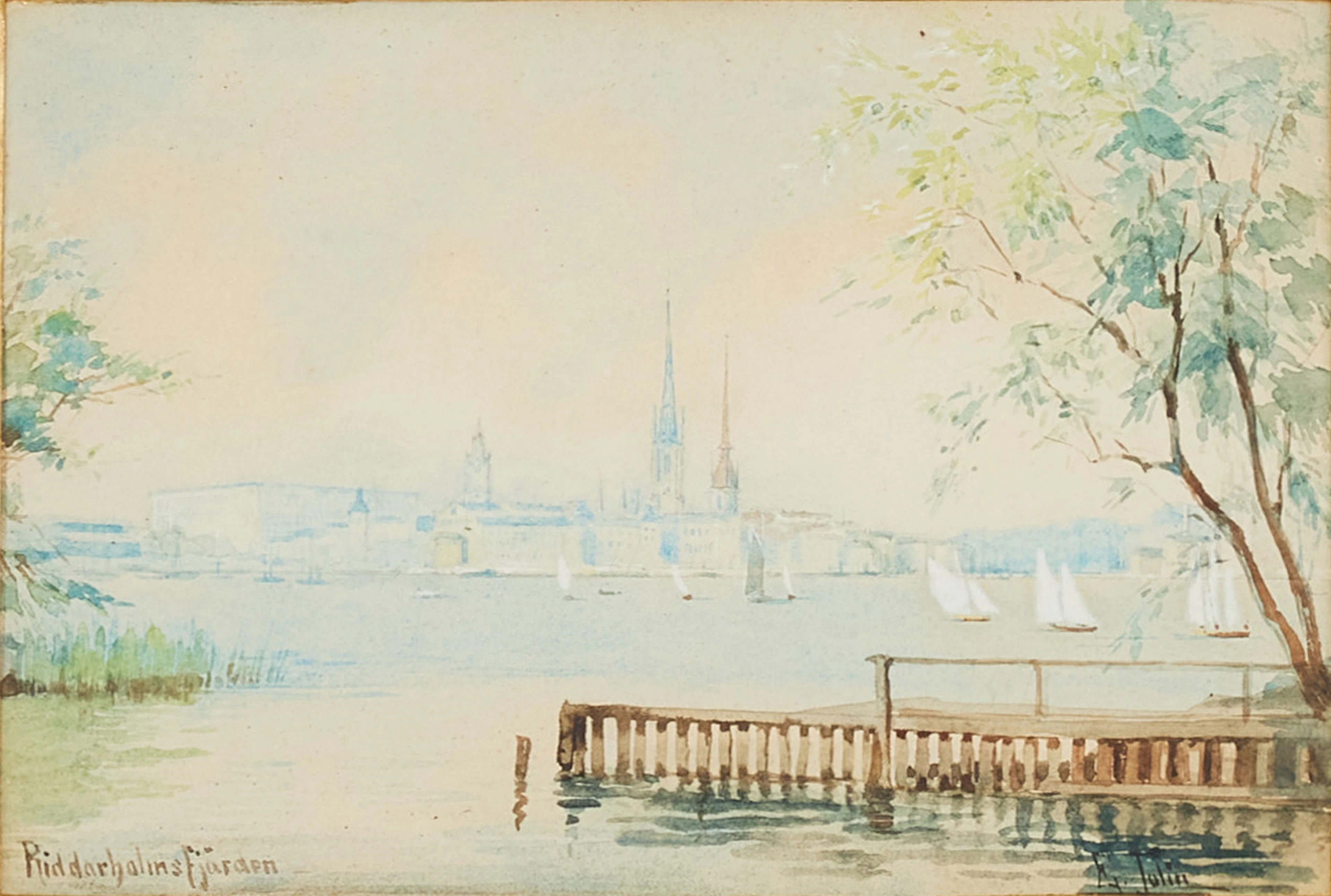 ELLEN JOLIN. "Riddarholmsfjärden", akvarell på papper, signerad.