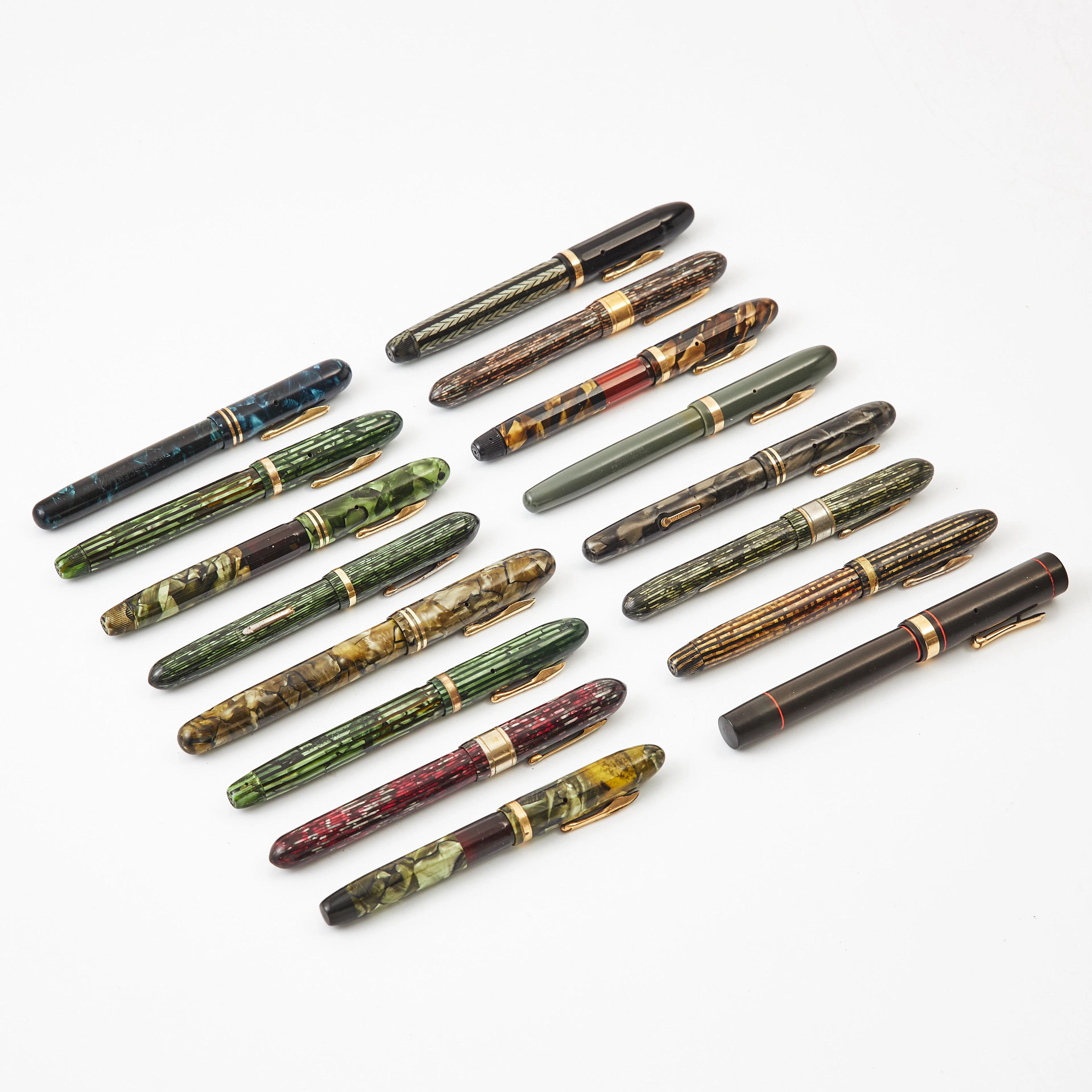CONKLIN, reservoarpennor, 17 st, 14 k spets, de flesta från 1900-talets