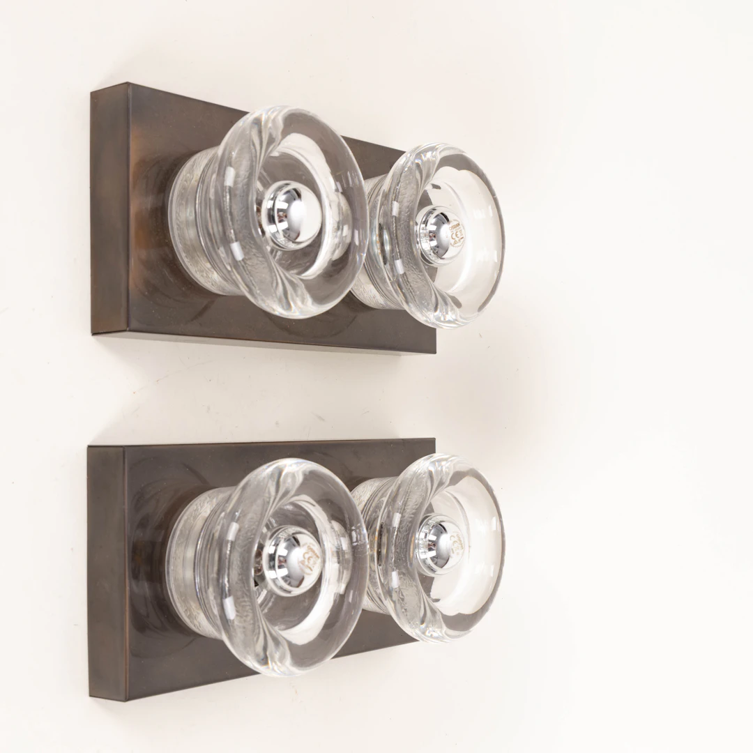 Cosack, zwei Wandleuchten / Lampen, Glas, Messing, 1970er Jahre, Deutschland