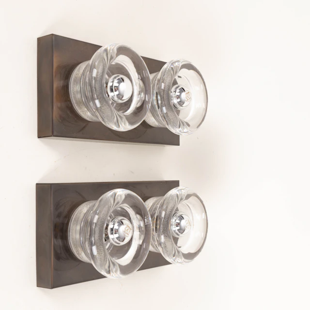 Cosack, zwei Wandleuchten / Lampen, Glas, Messing, 1970er Jahre, Deutschland