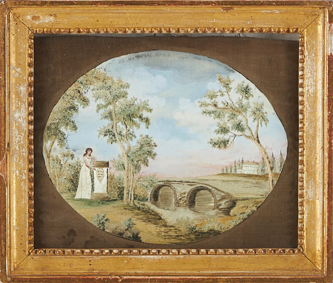 SIDENBRODERI, sengustavianskt, omkring 1800, föreställande ung kvinna