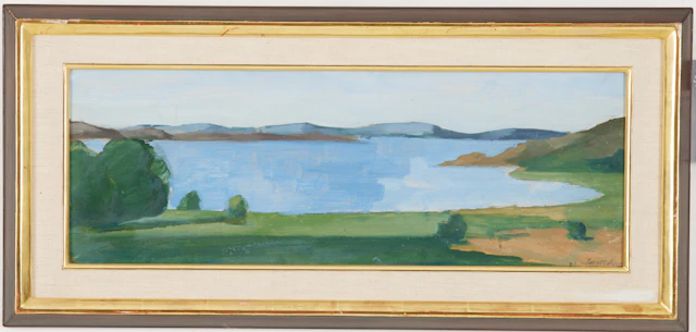 SIXTEN LUNDBOHM. "Bohus Björkö", sjölandskap i blått, olja på kartong