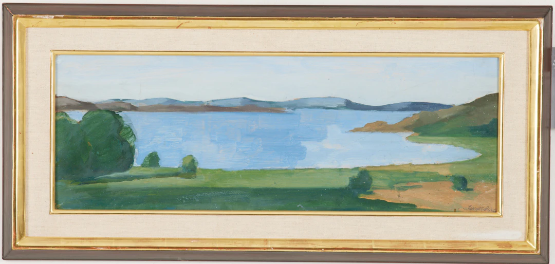 SIXTEN LUNDBOHM. "Bohus Björkö", sjölandskap i blått, olja på kartong