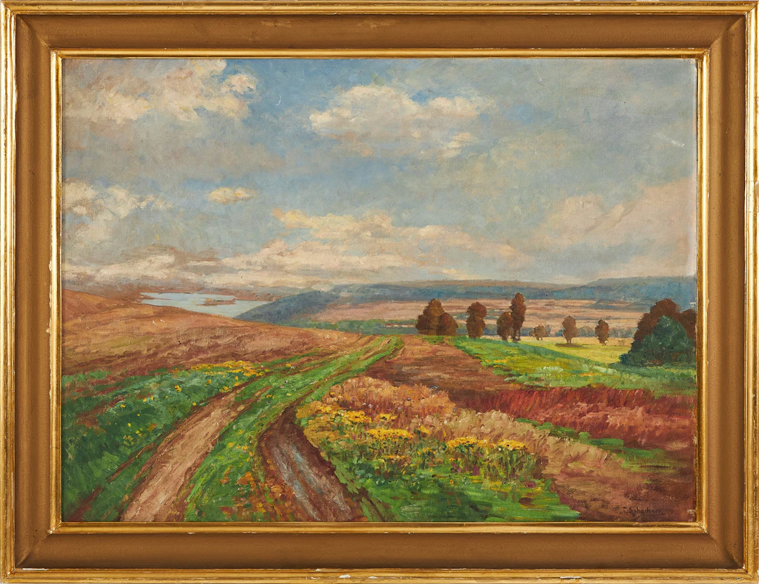 THERESE SCHACHNER (1869-1950). Landskap med sjö, olja på pappannå, signerad.