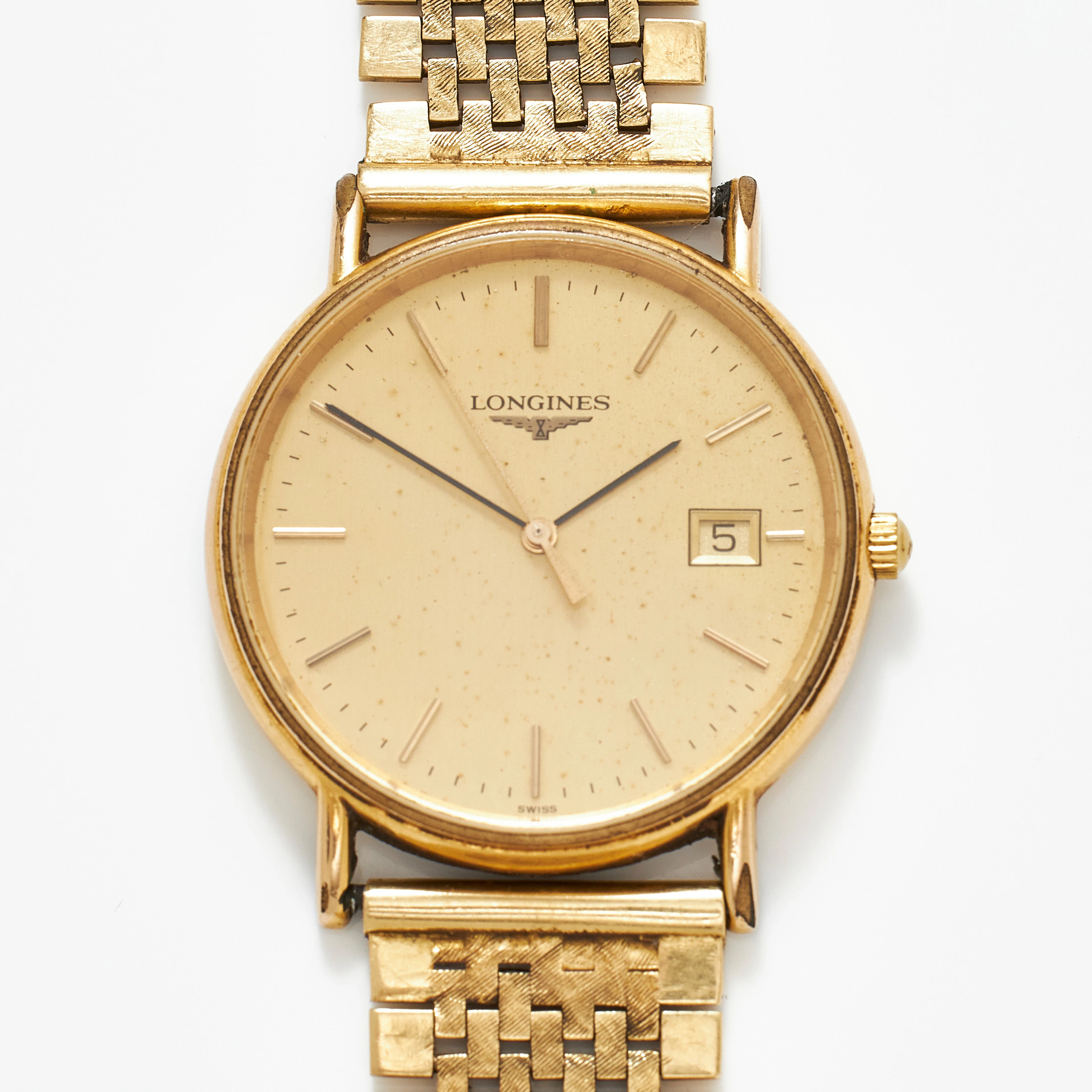 LONGINES, armbandsur, guld på stål, quartz datum, armband, 18 k satinerat-och