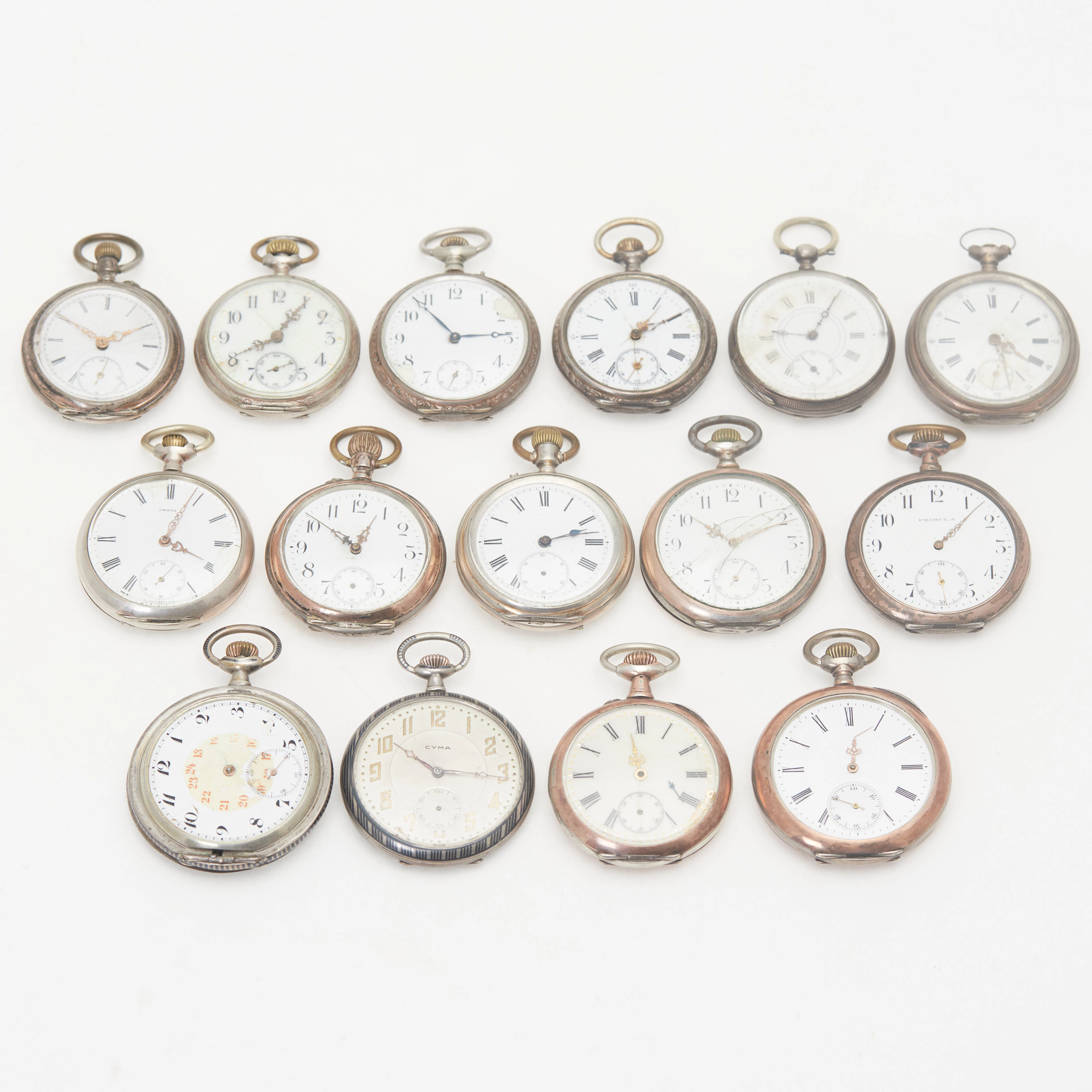 OMEGA, PRIMULA, CYMA ETC., Konvolut Taschenuhren, Silber. (15).