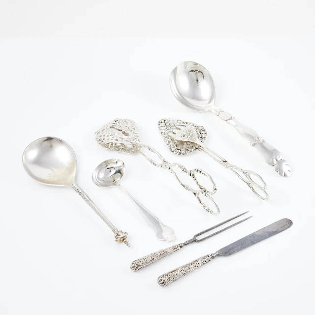 PARTI SILVER, 5 dlr, silver, tänger, skedar, kniv. olika tillverkare