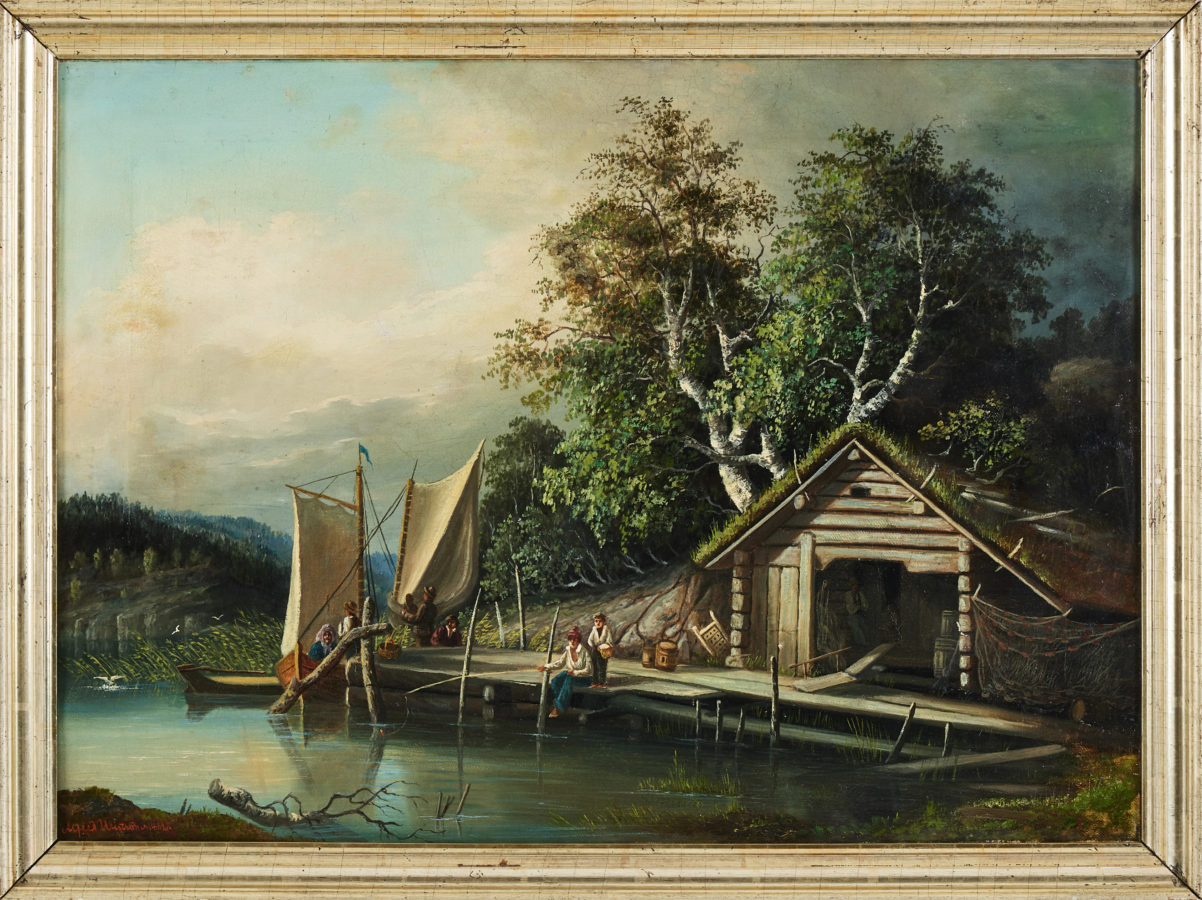 ALFRED WISTRÖM (1833-1873). Kustbild med fiskare och segelbåt, olja på duk.