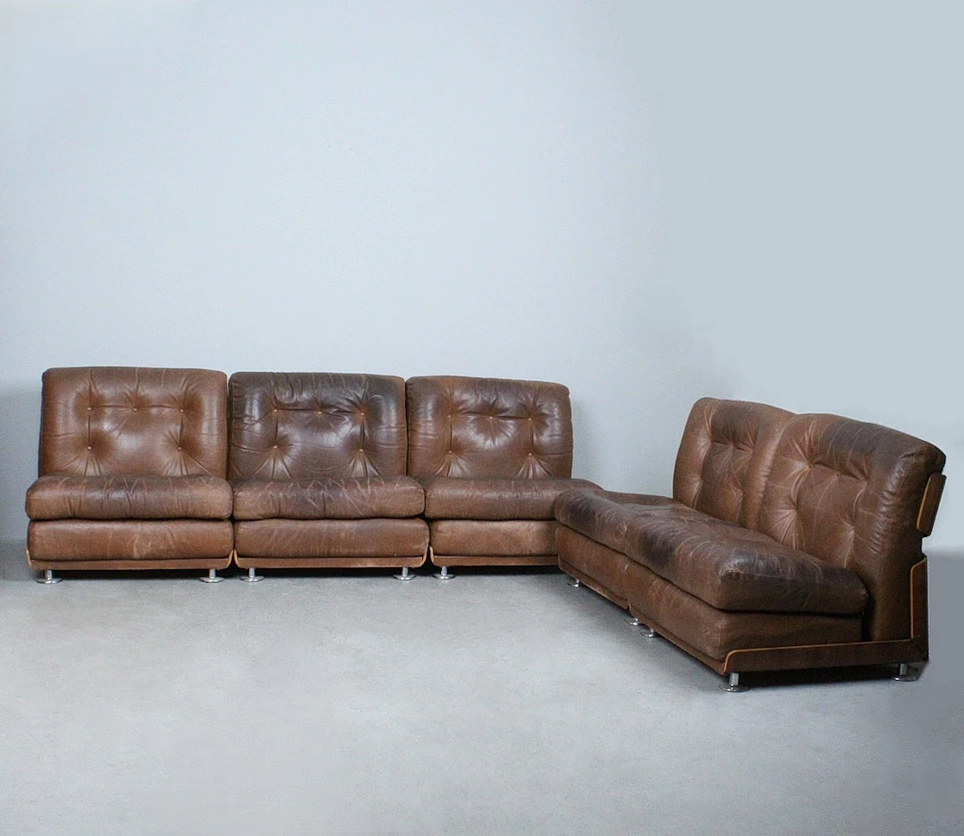 5-teiliges Modulsofa / Lounge Chairs, Leder, 1970er Jahre.