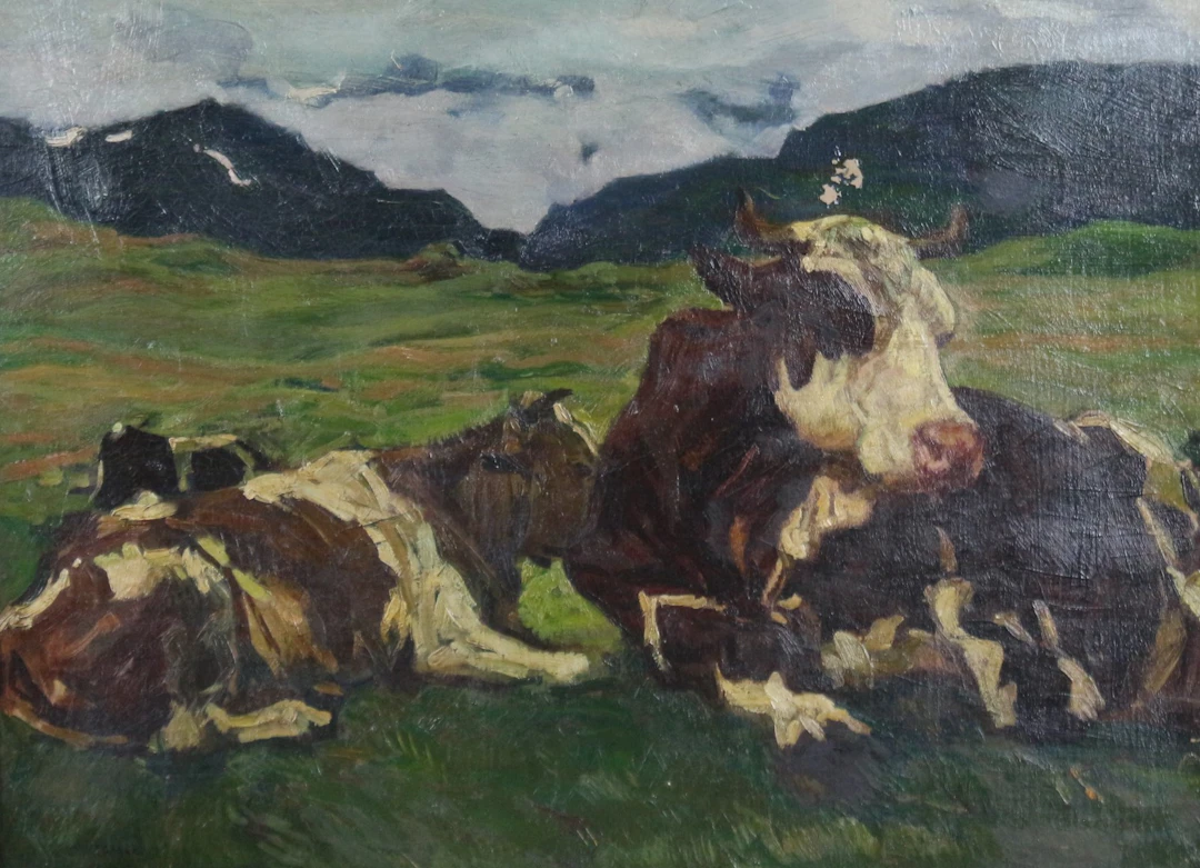 CARL EDERER (1875-1950). Öl auf Malkarton , '' Kühe auf der Weide ''.