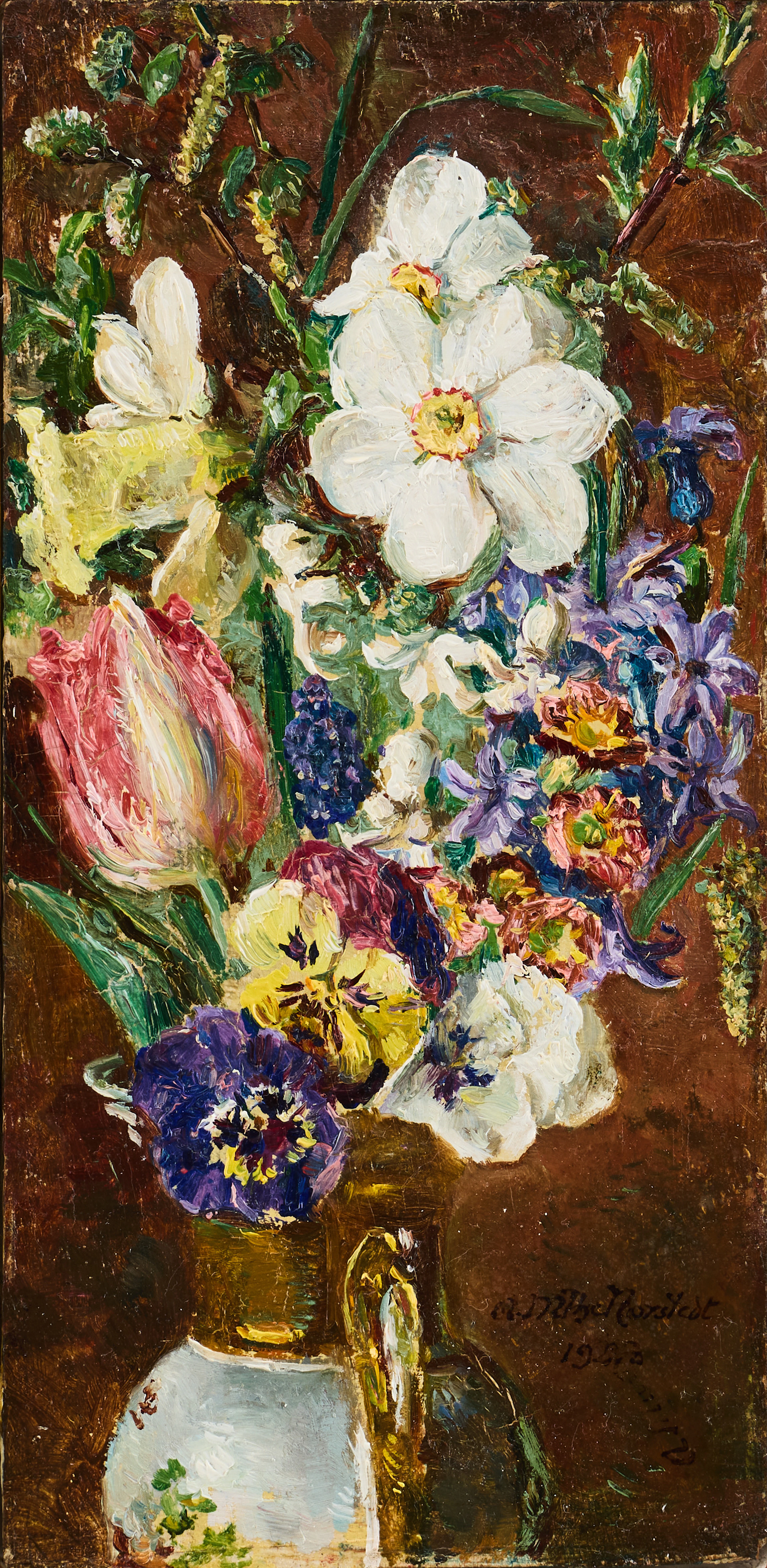 ANNA MUNTHE-NORSTEDT (1854-1936). Stilleben med pingstlilja, tulpaner